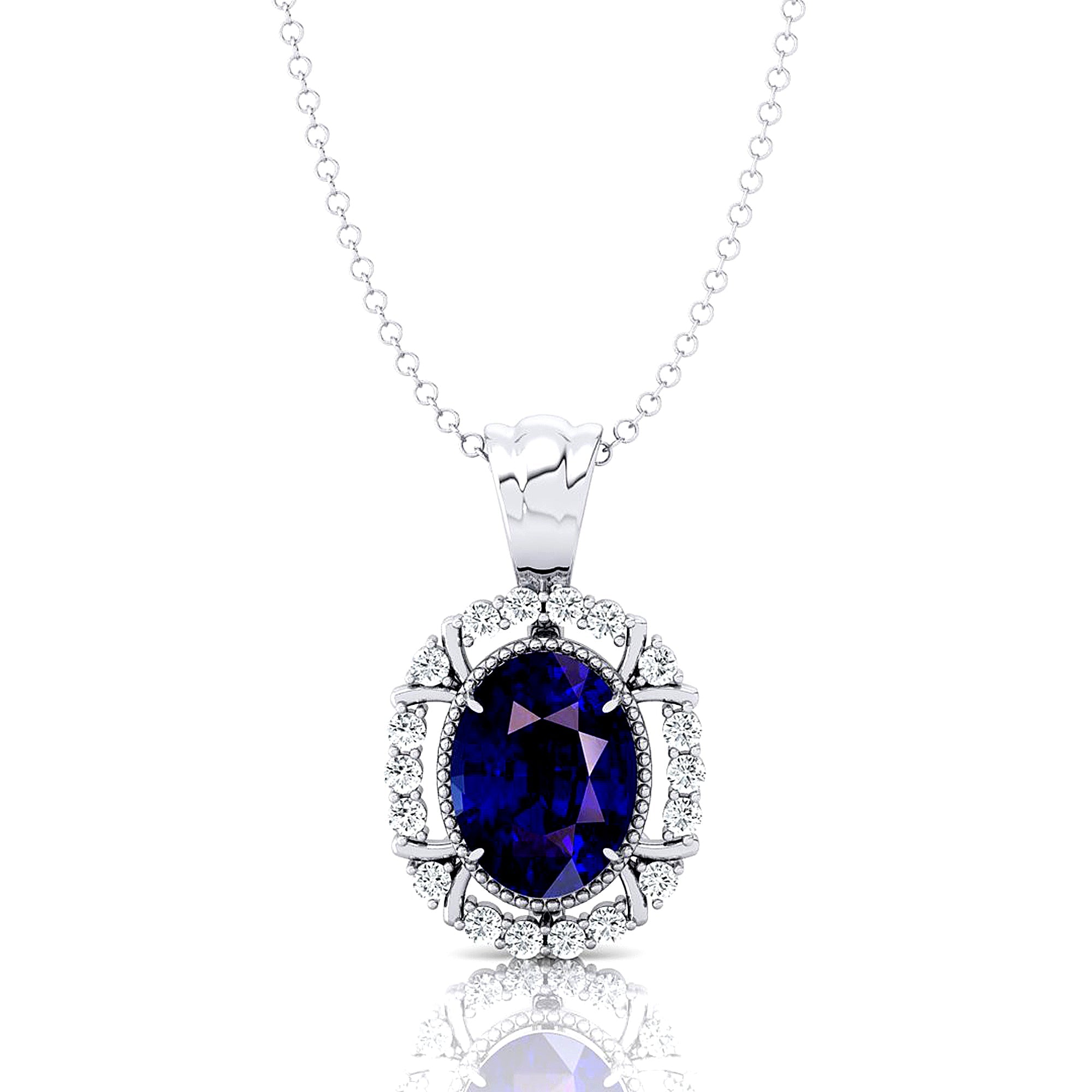 Vintage Style Oval Shaped Blue Sapphire Halo Set with Diamond Accents - GeumJewels