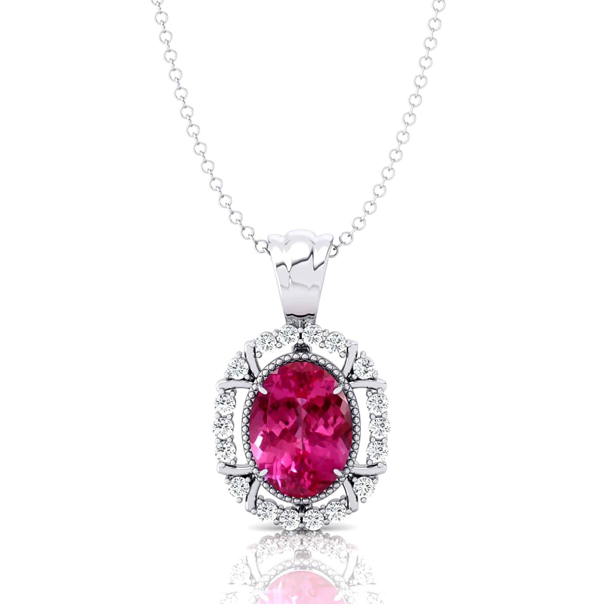 Vintage Style Oval Shaped Pink Sapphire Halo Set with Diamond Accents - GeumJewels