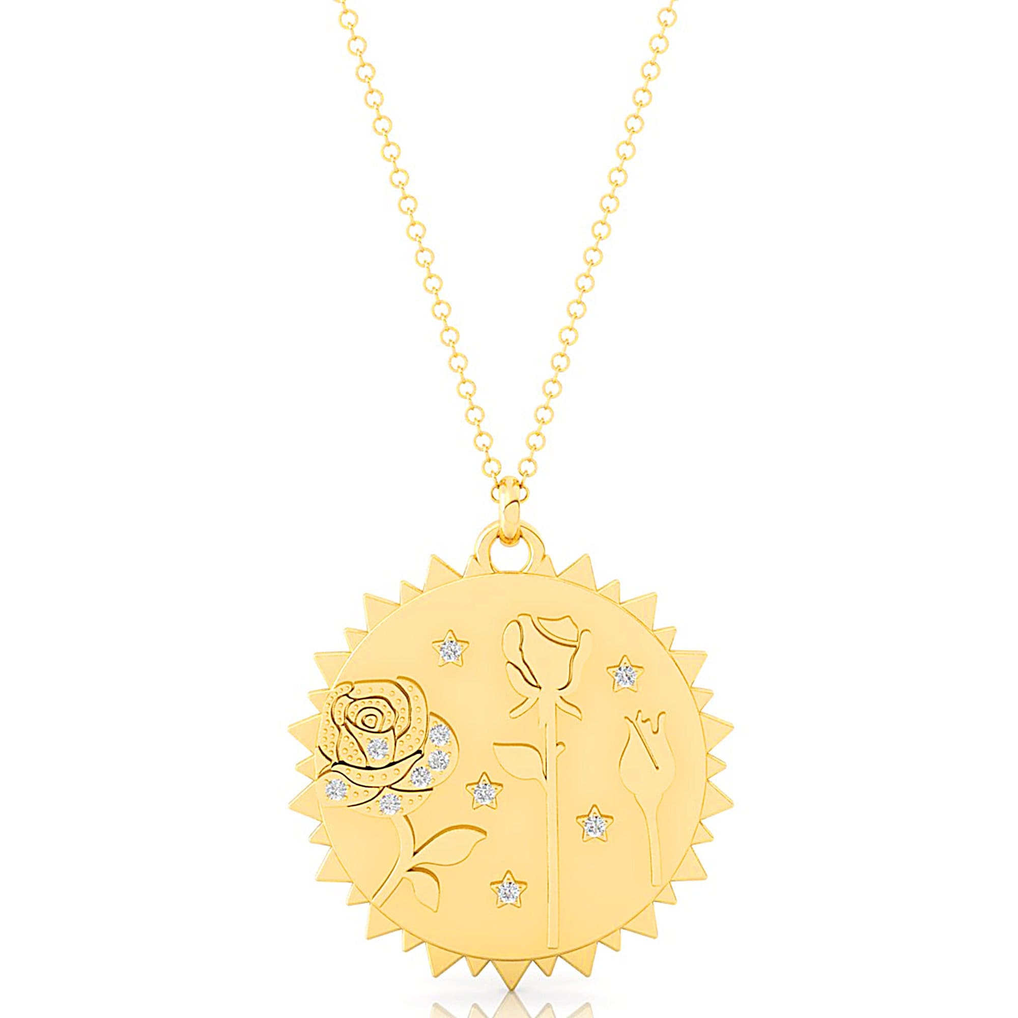 Medieval Rose Carved Diamond Disc Necklace - GeumJewels