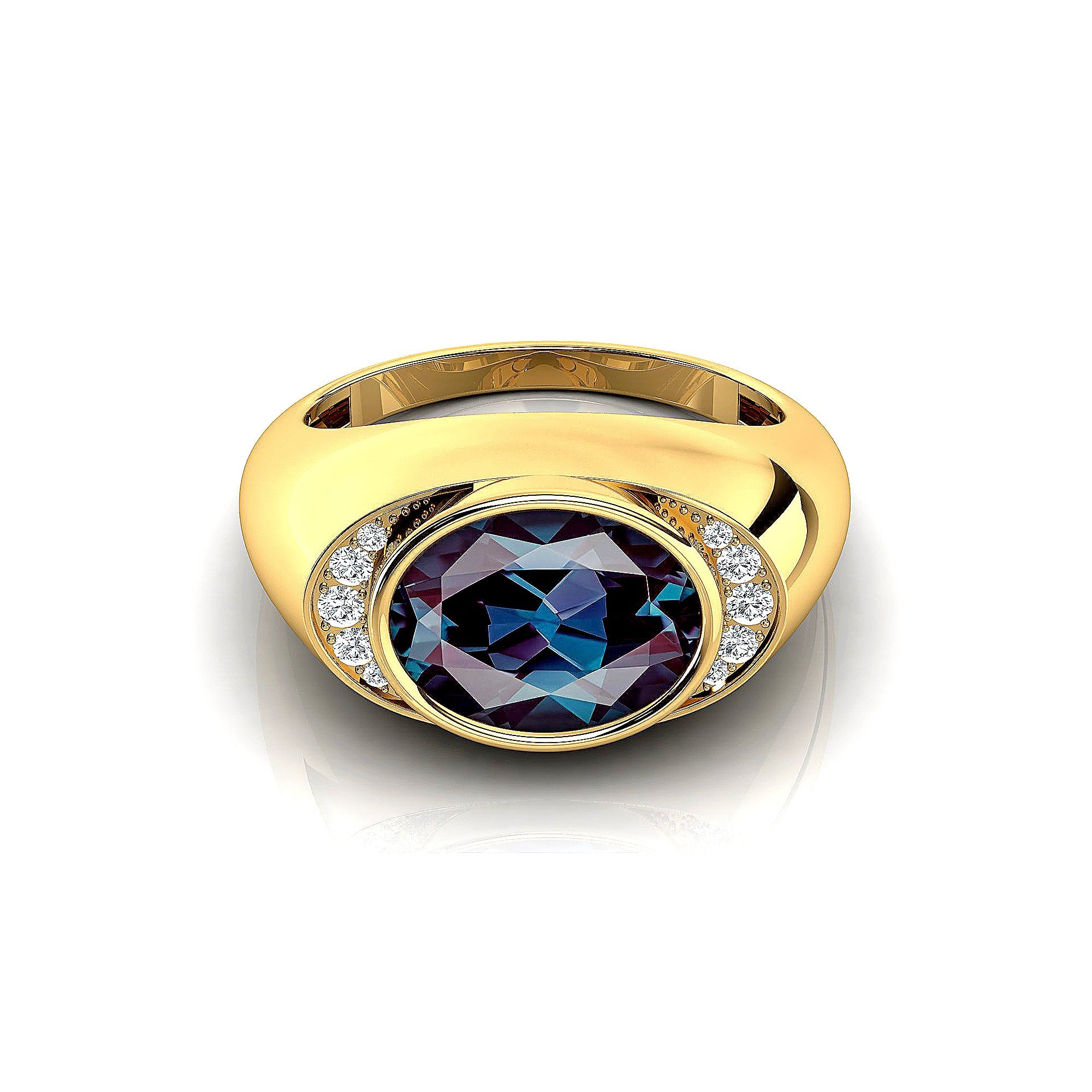 Classic Dome Shaped Diamond Oval Cut Alexandrite Ring - GeumJewels