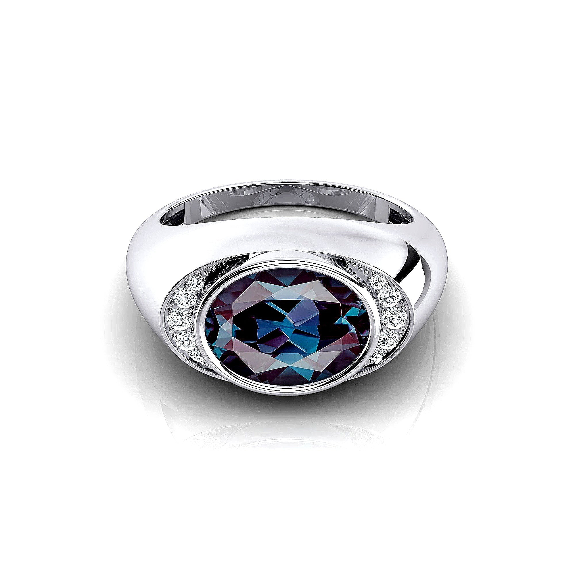 Classic Dome Shaped Diamond Oval Cut Alexandrite Ring - GeumJewels