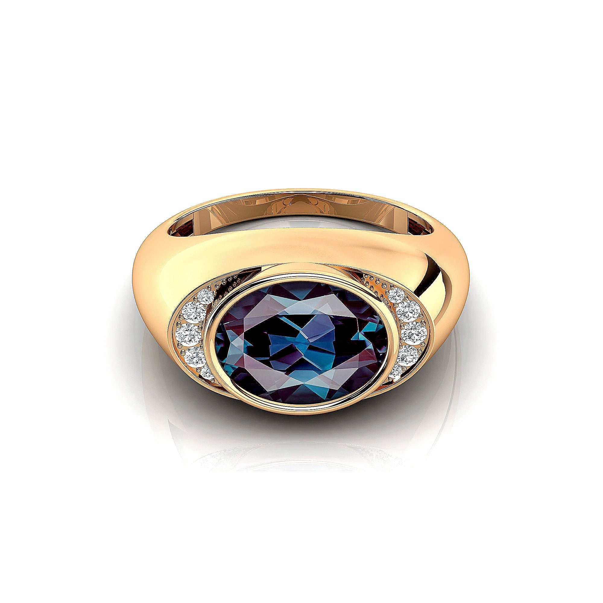 Classic Dome Shaped Diamond Oval Cut Alexandrite Ring - GeumJewels