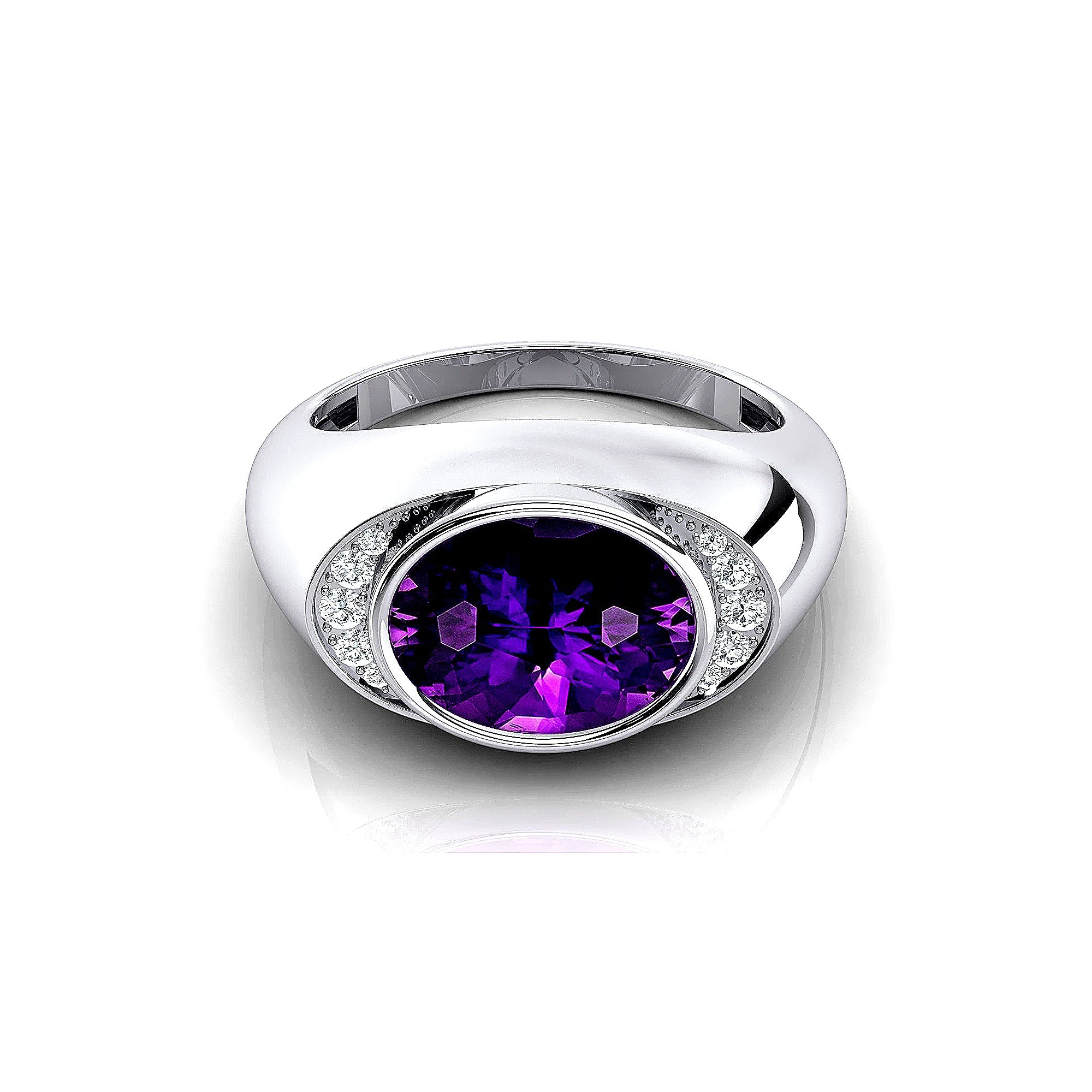 Classic Dome Shaped Diamond Oval Cut Amethyst Ring - GeumJewels