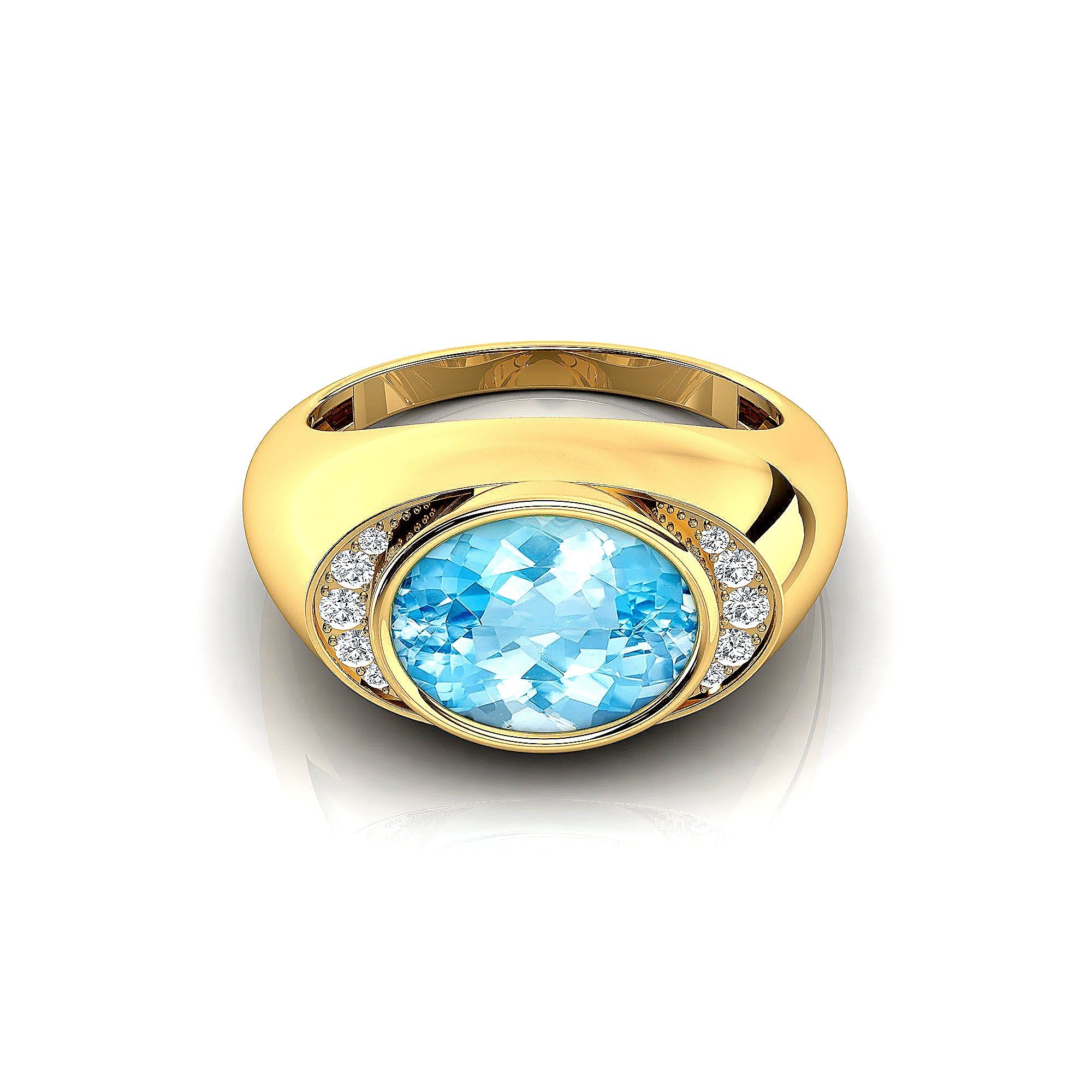 Classic Dome Shaped Diamond Oval Cut Aquamarine Ring - GeumJewels