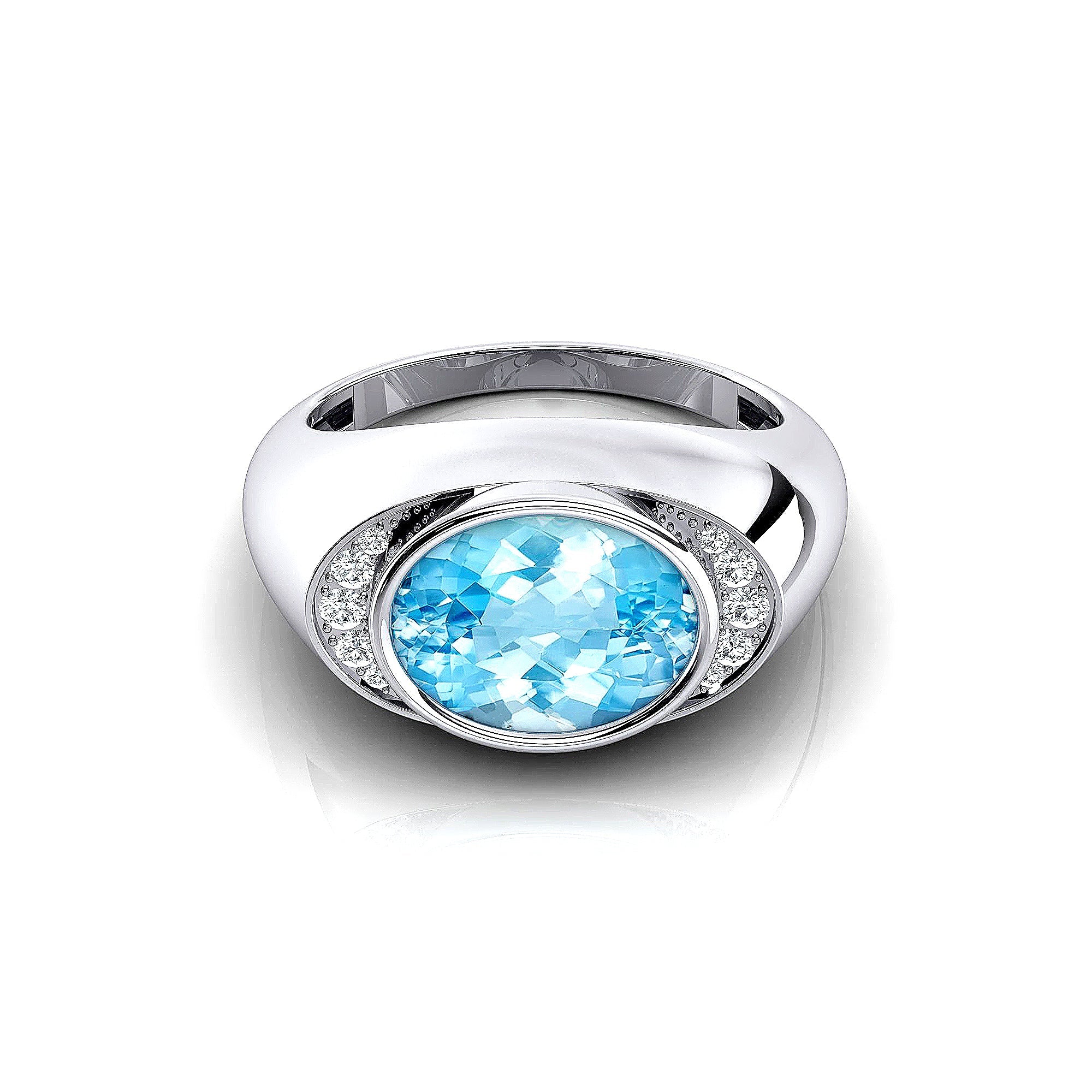 Classic Dome Shaped Diamond Oval Cut Aquamarine Ring - GeumJewels