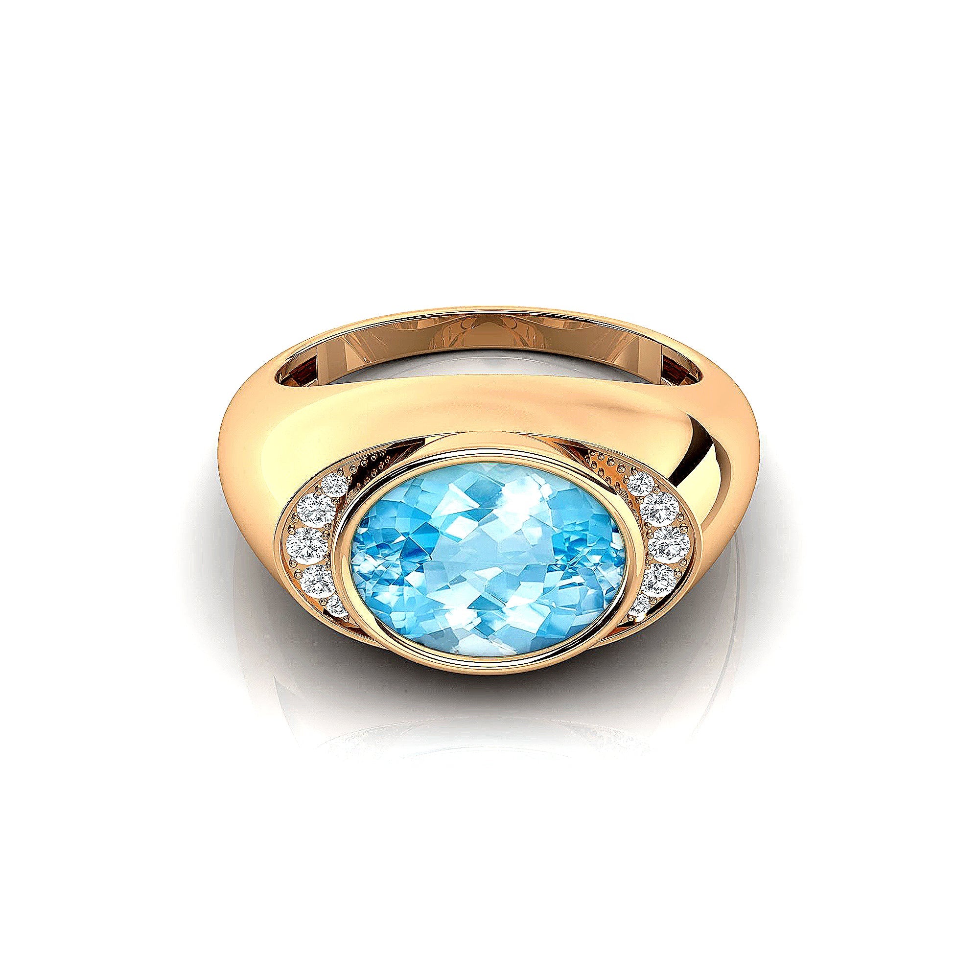 Classic Dome Shaped Diamond Oval Cut Aquamarine Ring - GeumJewels