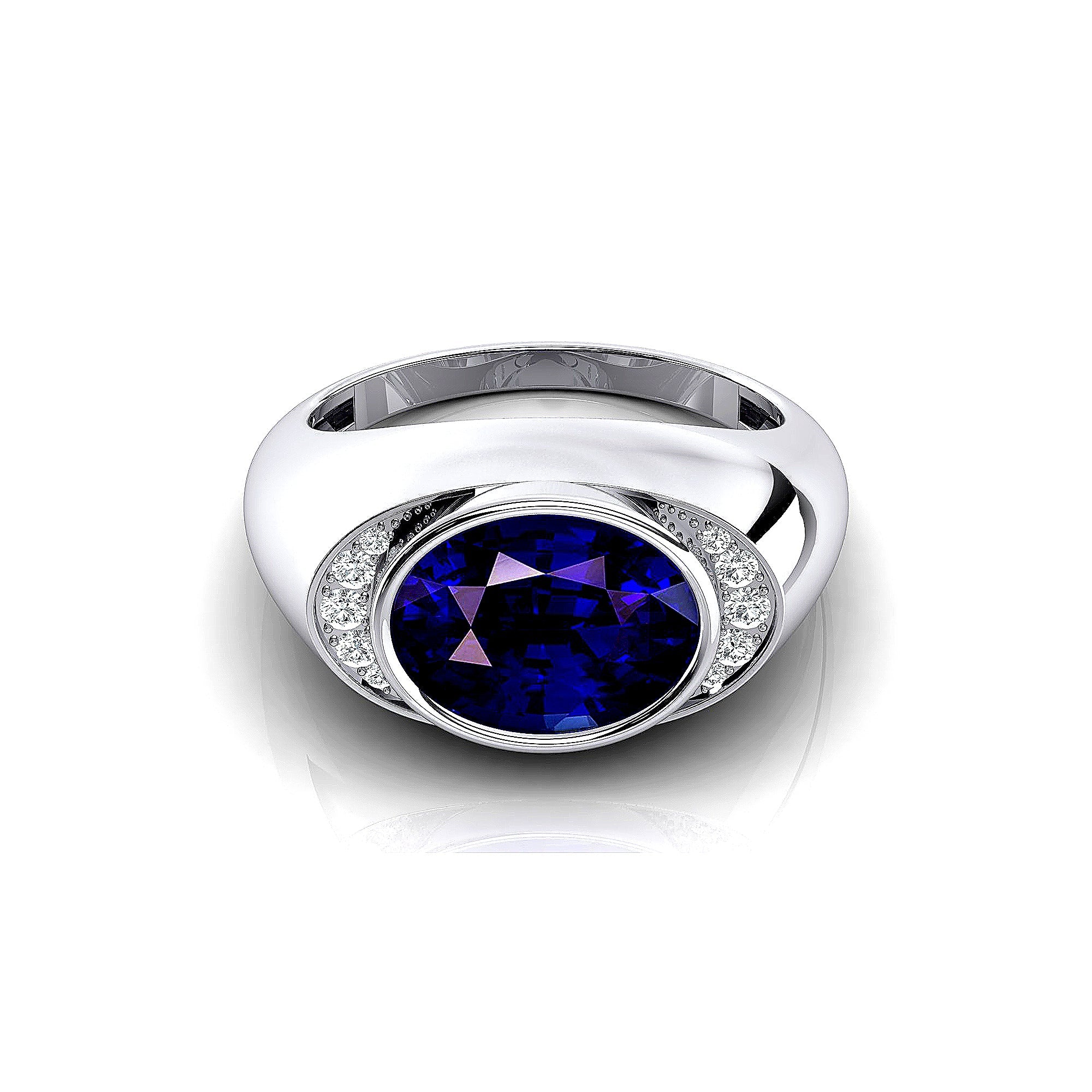 Classic Dome Shaped Diamond Oval Cut Blue Sapphire Ring - GeumJewels