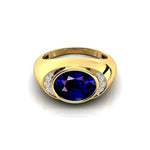 Classic Dome Shaped Diamond Oval Cut Blue Sapphire Ring - GeumJewels