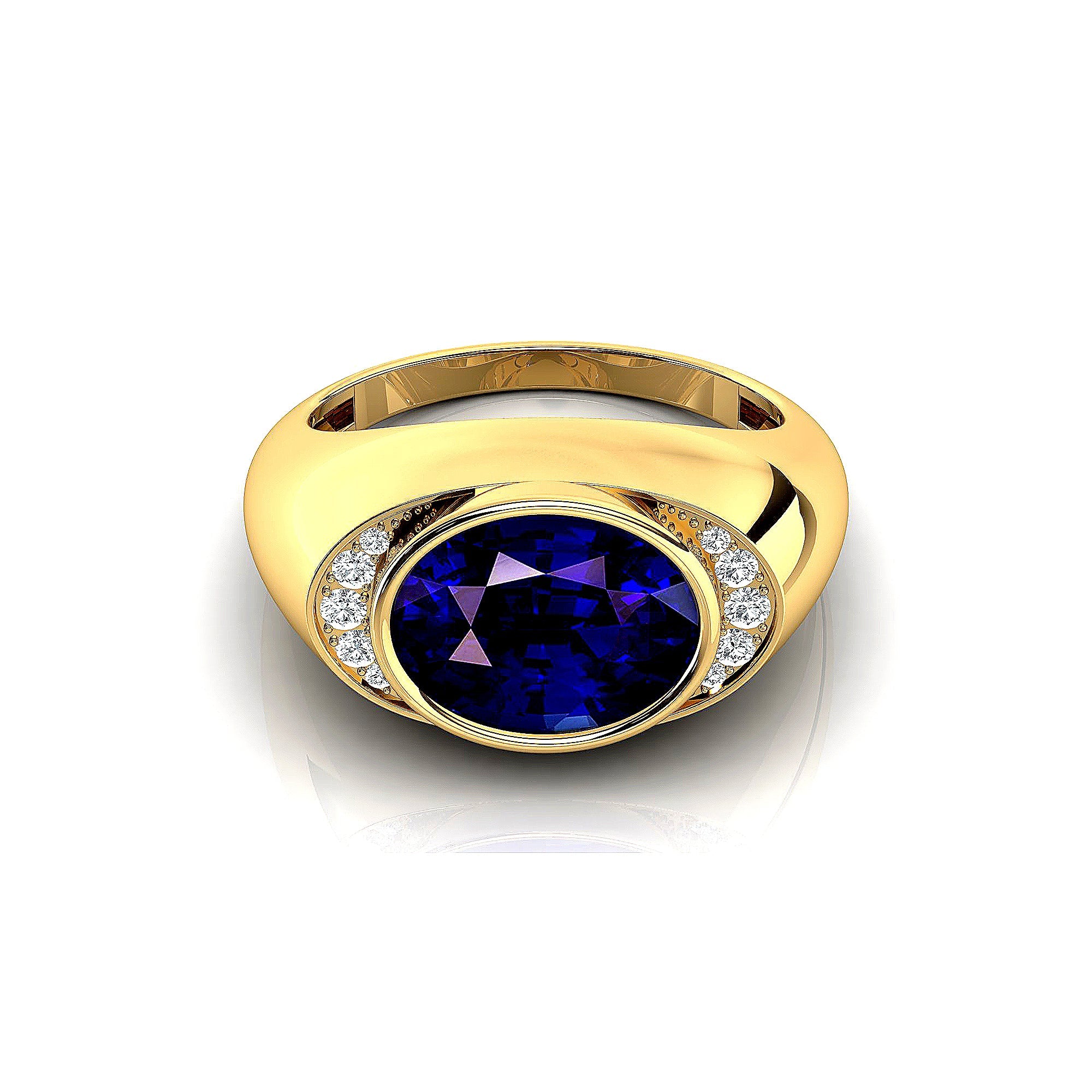Classic Dome Shaped Diamond Oval Cut Blue Sapphire Ring - GeumJewels