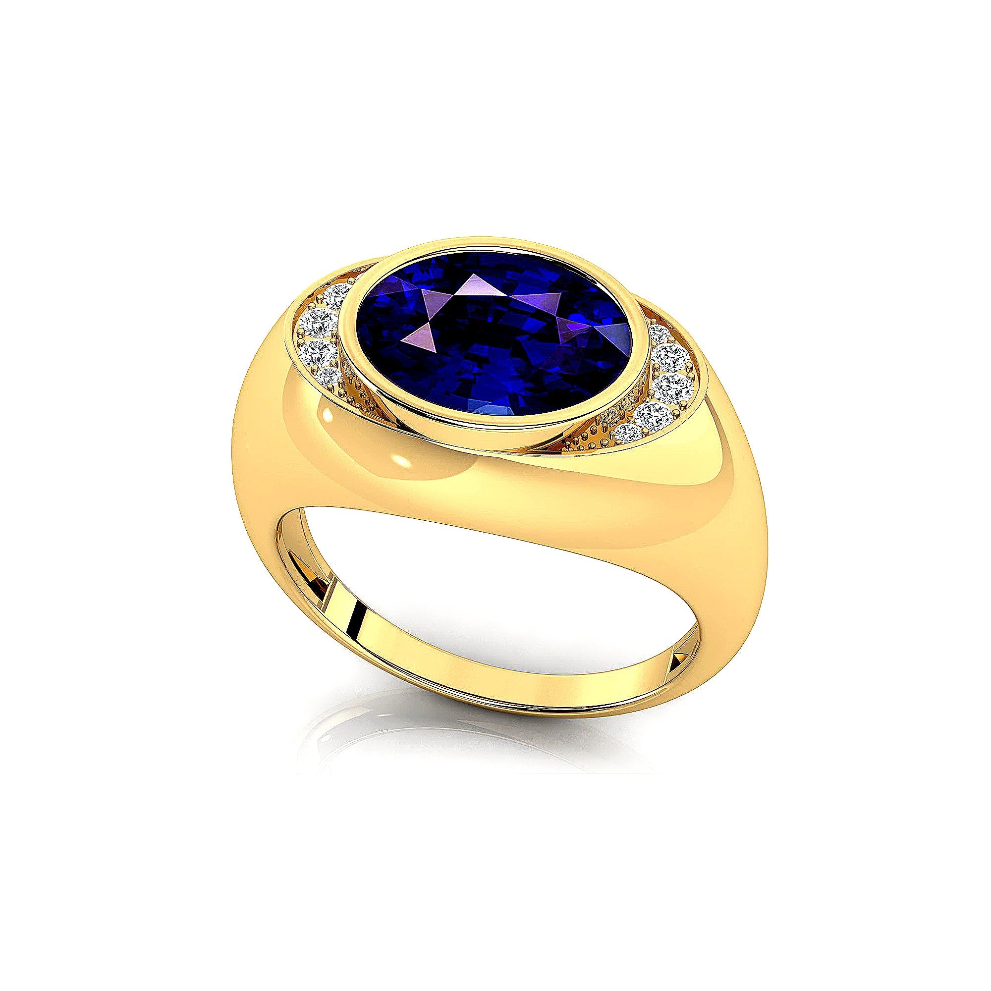 Classic Dome Shaped Diamond Oval Cut Blue Sapphire Ring - GeumJewels