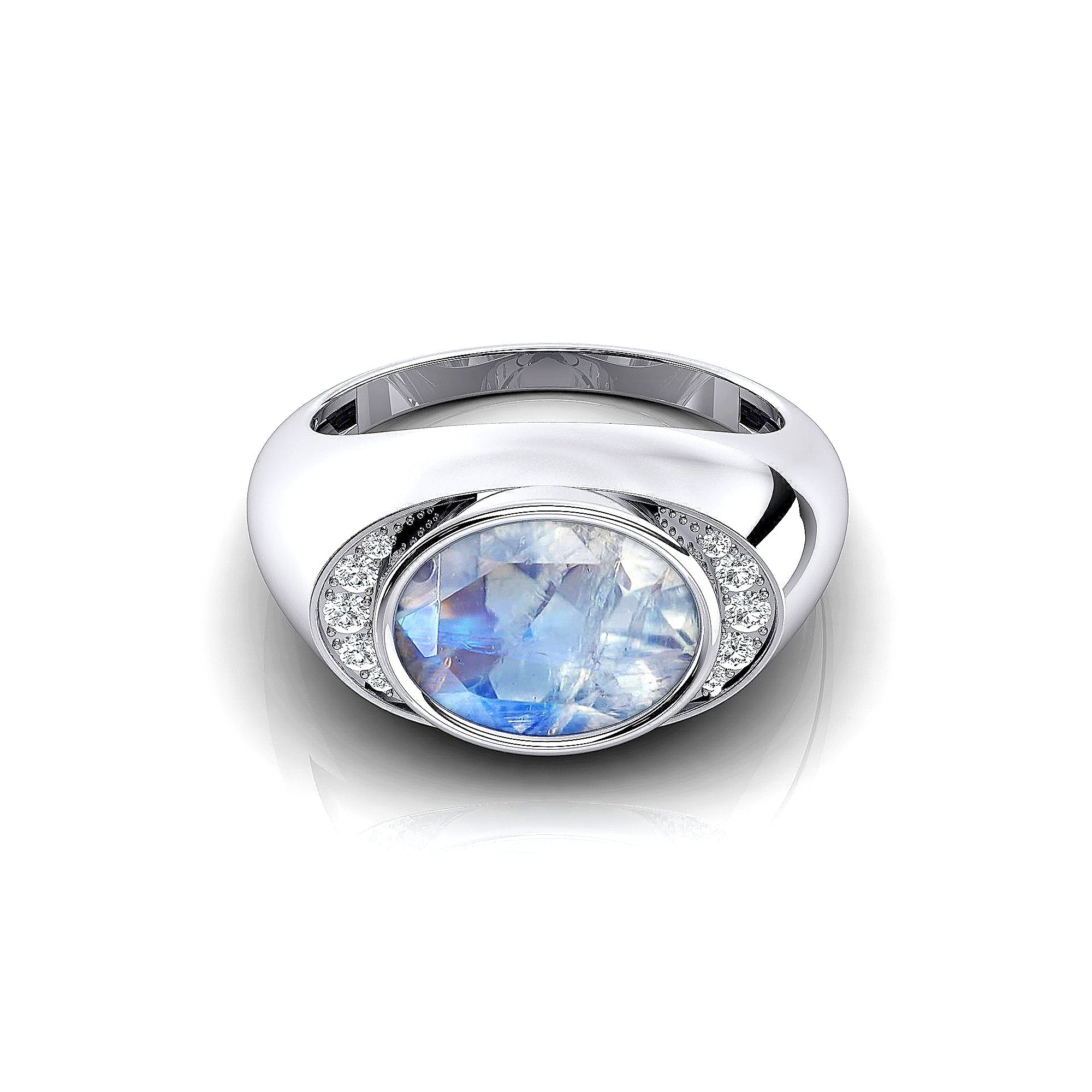 Classic Dome Shaped Diamond Oval Cut Moonstone Ring - GeumJewels