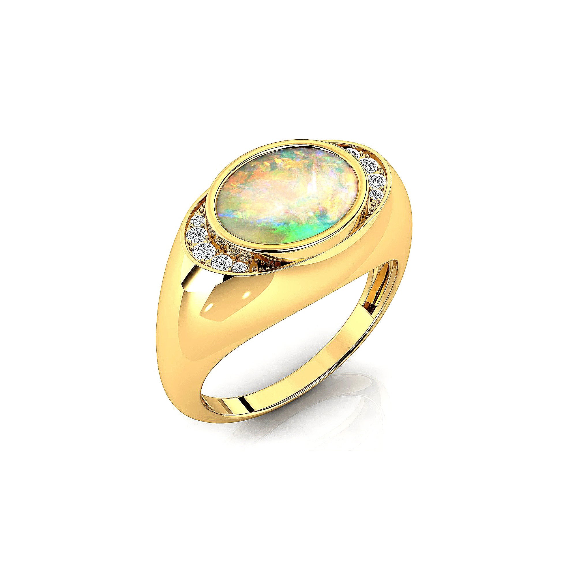 Classic Dome Shaped Diamond Oval Cut Opal Ring - GeumJewels