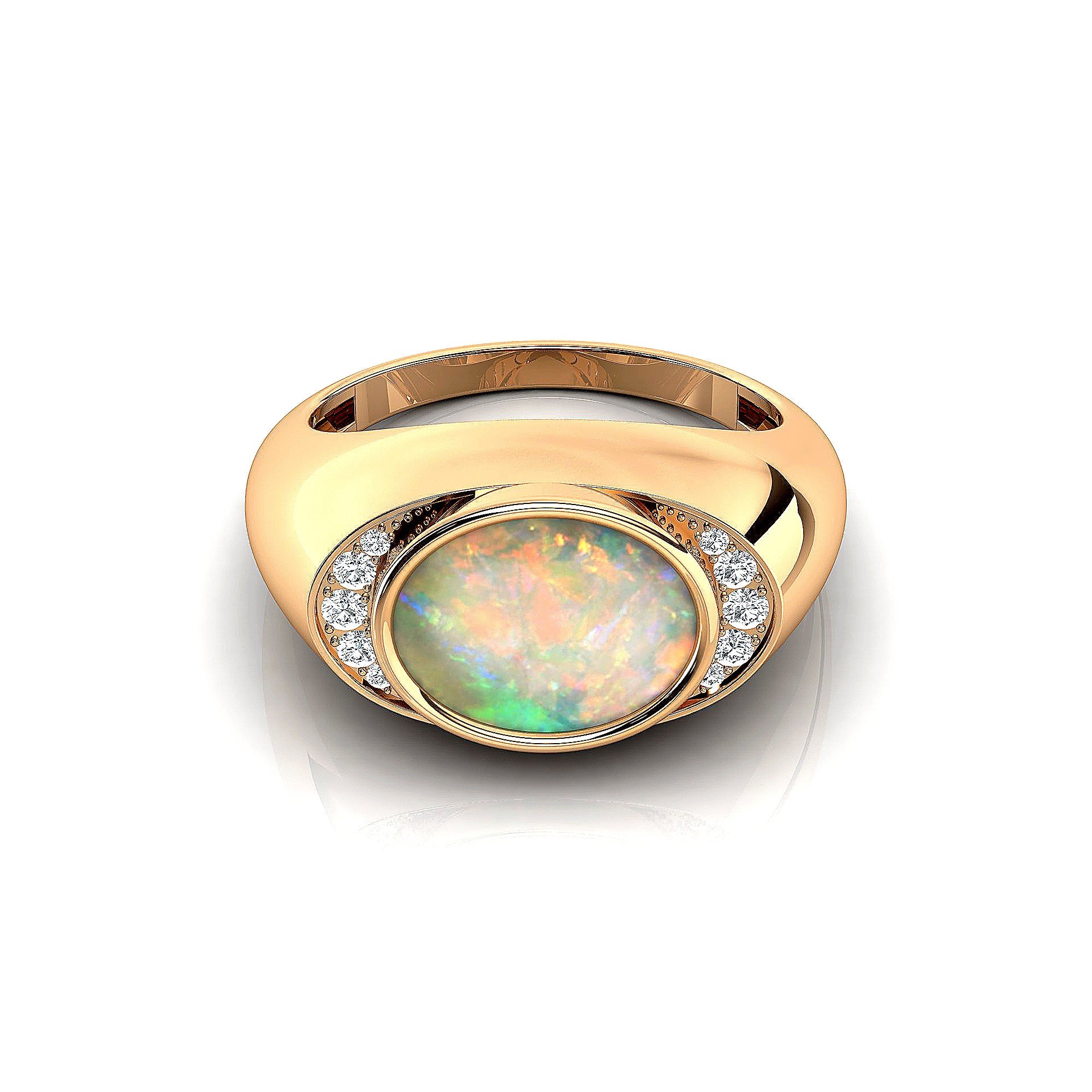 Classic Dome Shaped Diamond Oval Cut Opal Ring - GeumJewels