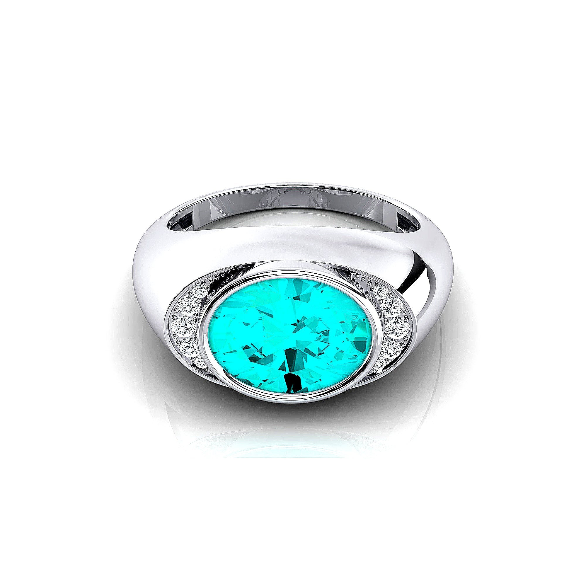 Classic Dome Shaped Diamond Oval Cut Paraiba Tourmaline Ring - GeumJewels