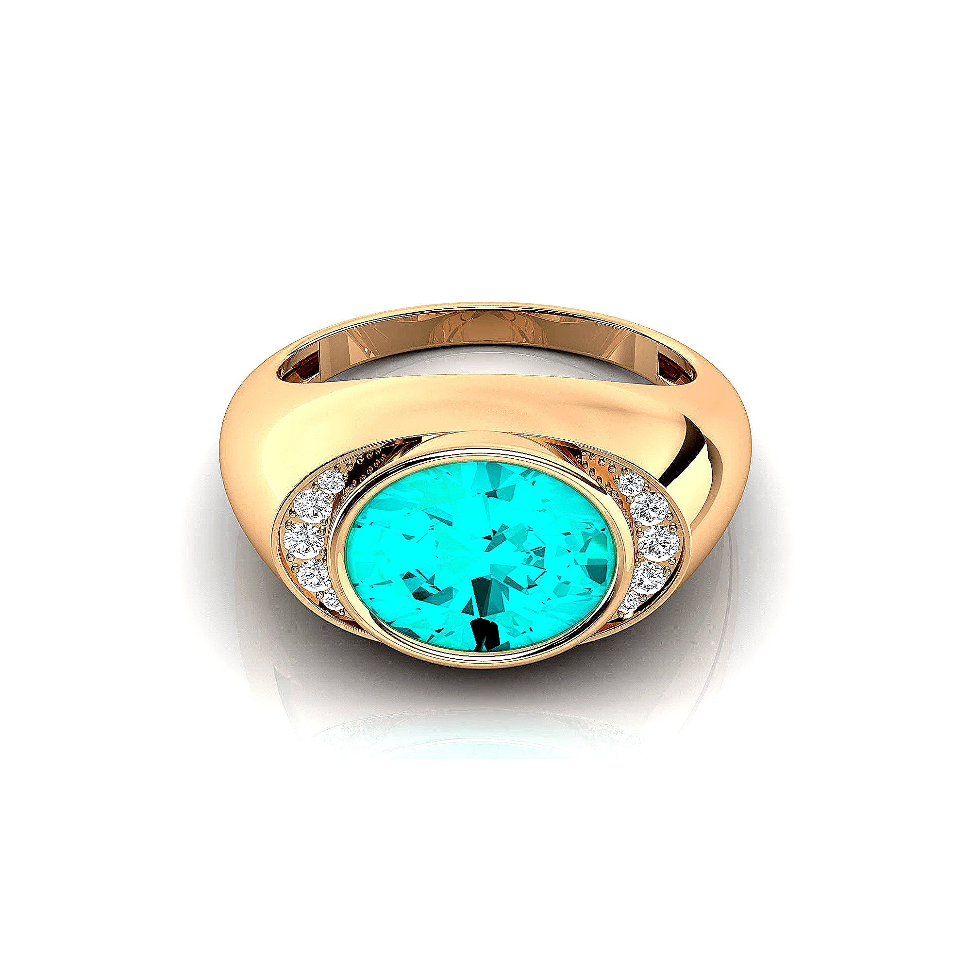 Classic Dome Shaped Diamond Oval Cut Paraiba Tourmaline Ring - GeumJewels