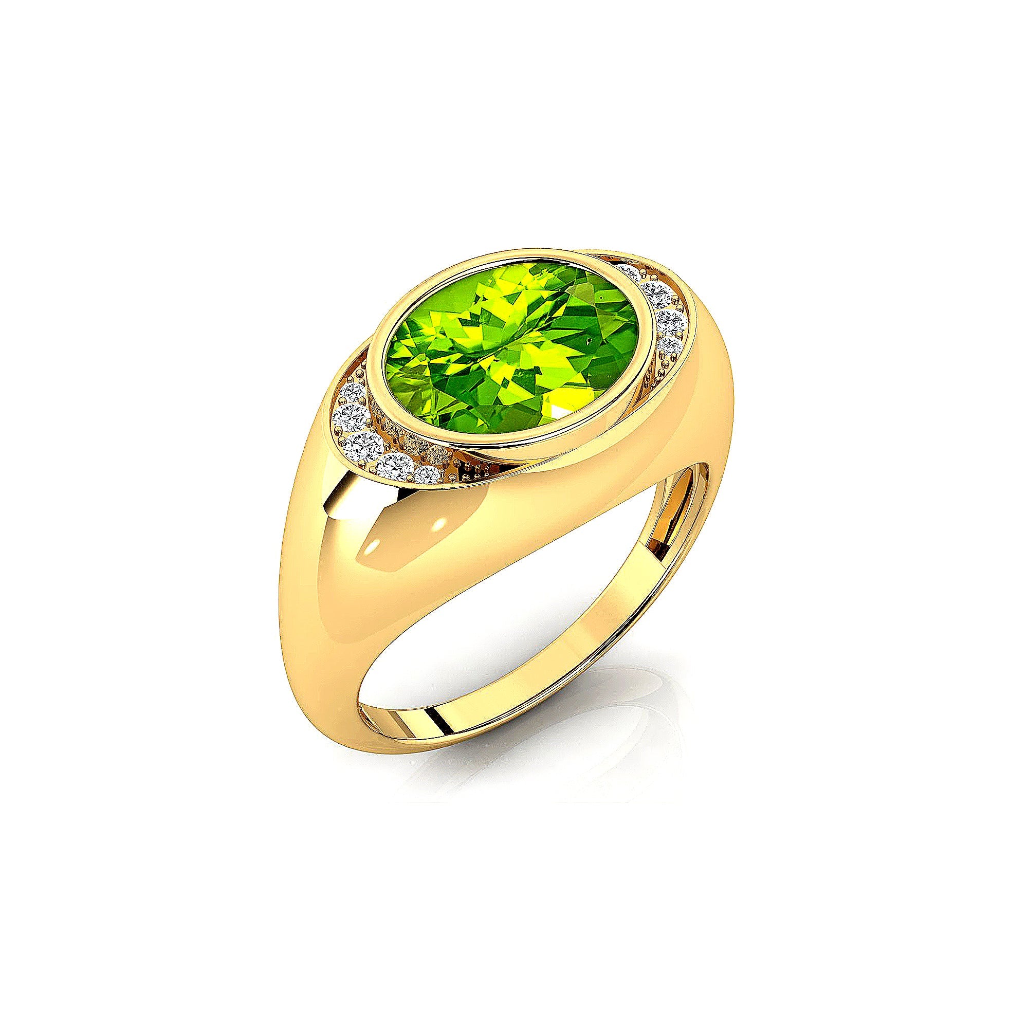 Classic Dome Shaped Diamond Oval Cut Peridot Ring - GeumJewels