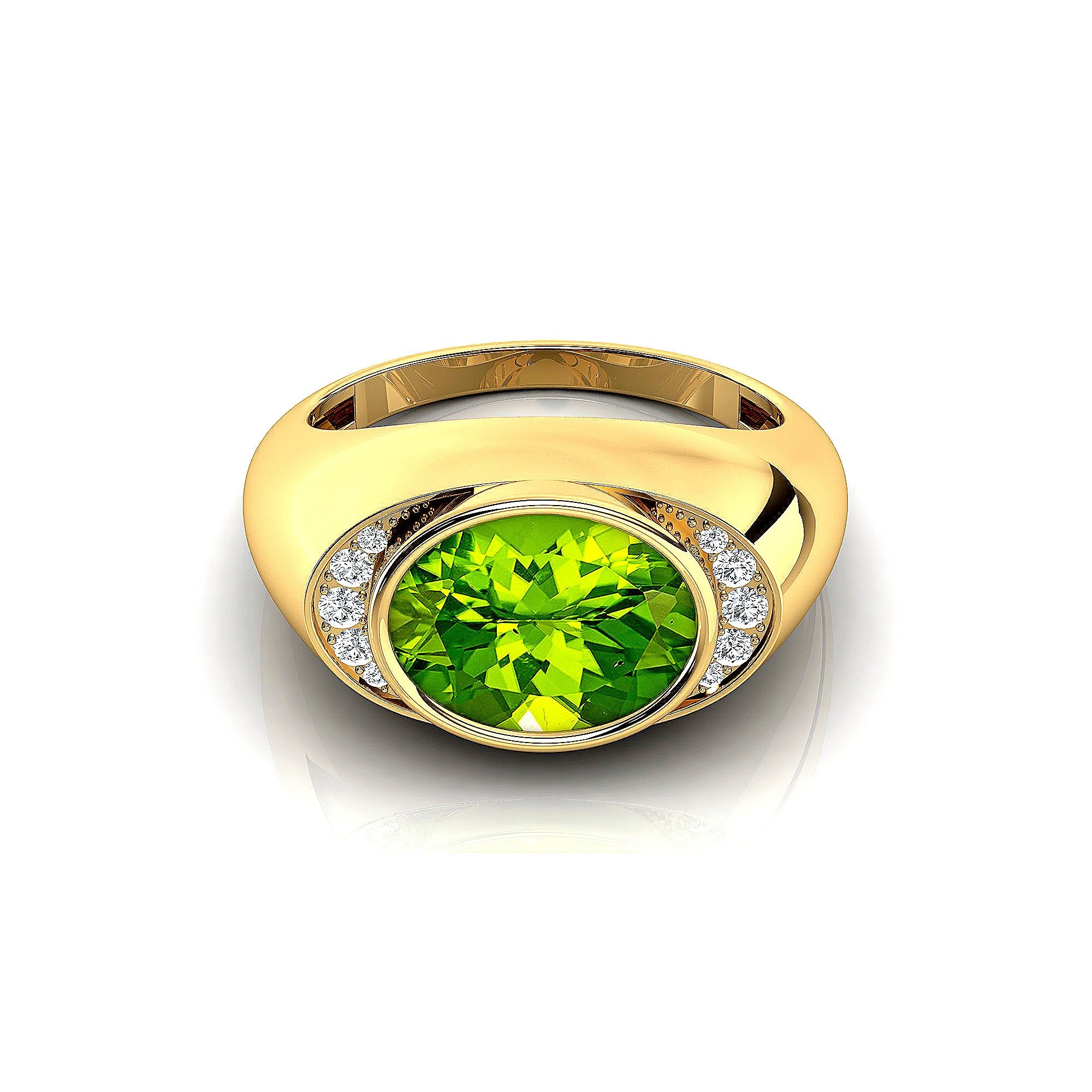 Classic Dome Shaped Diamond Oval Cut Peridot Ring - GeumJewels