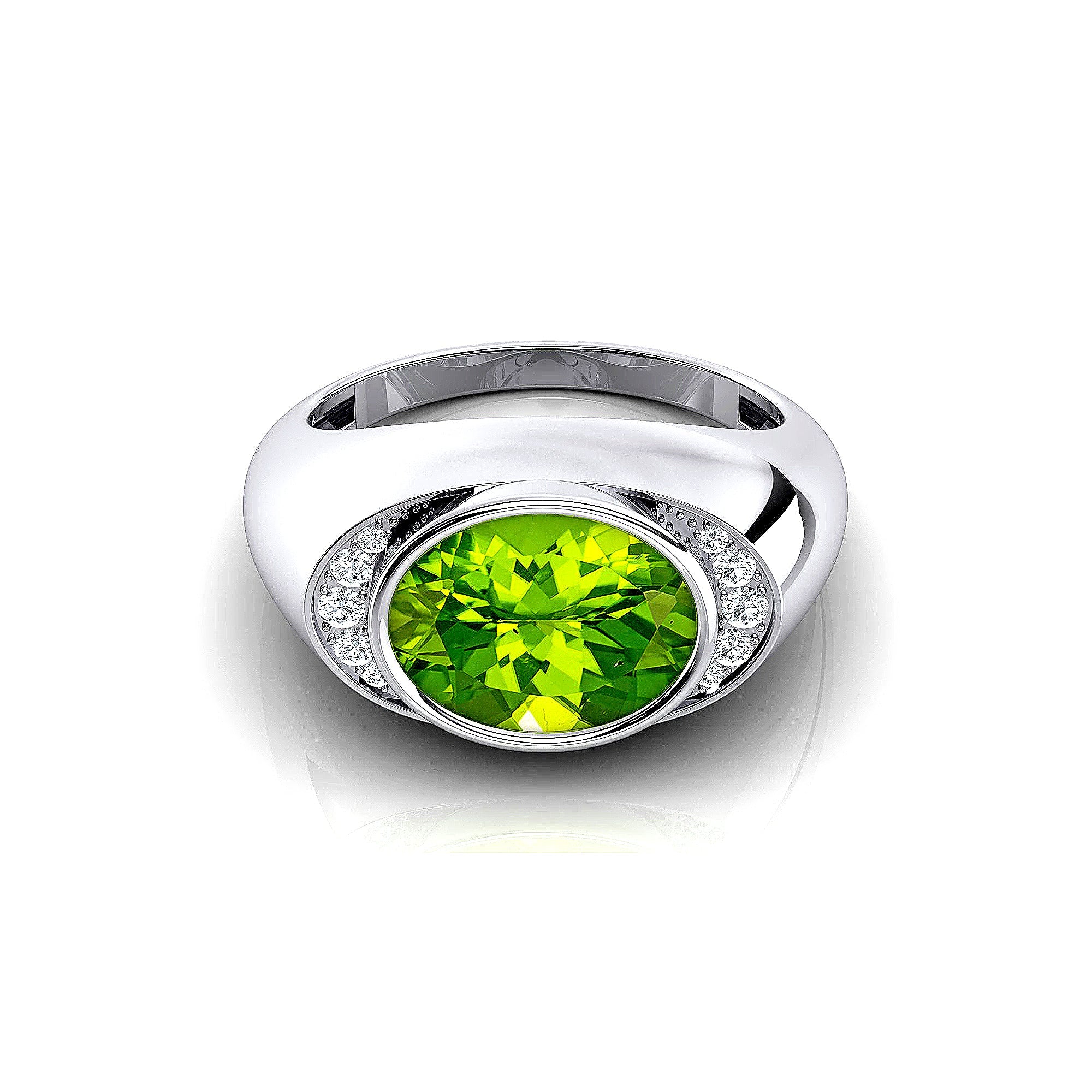 Classic Dome Shaped Diamond Oval Cut Peridot Ring - GeumJewels