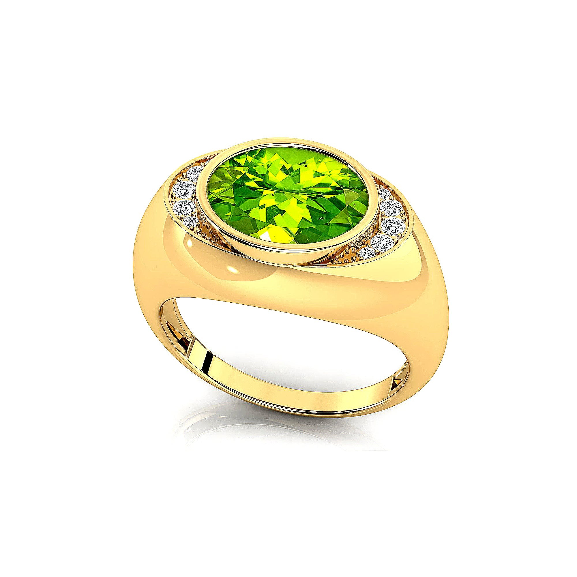 Classic Dome Shaped Diamond Oval Cut Peridot Ring - GeumJewels