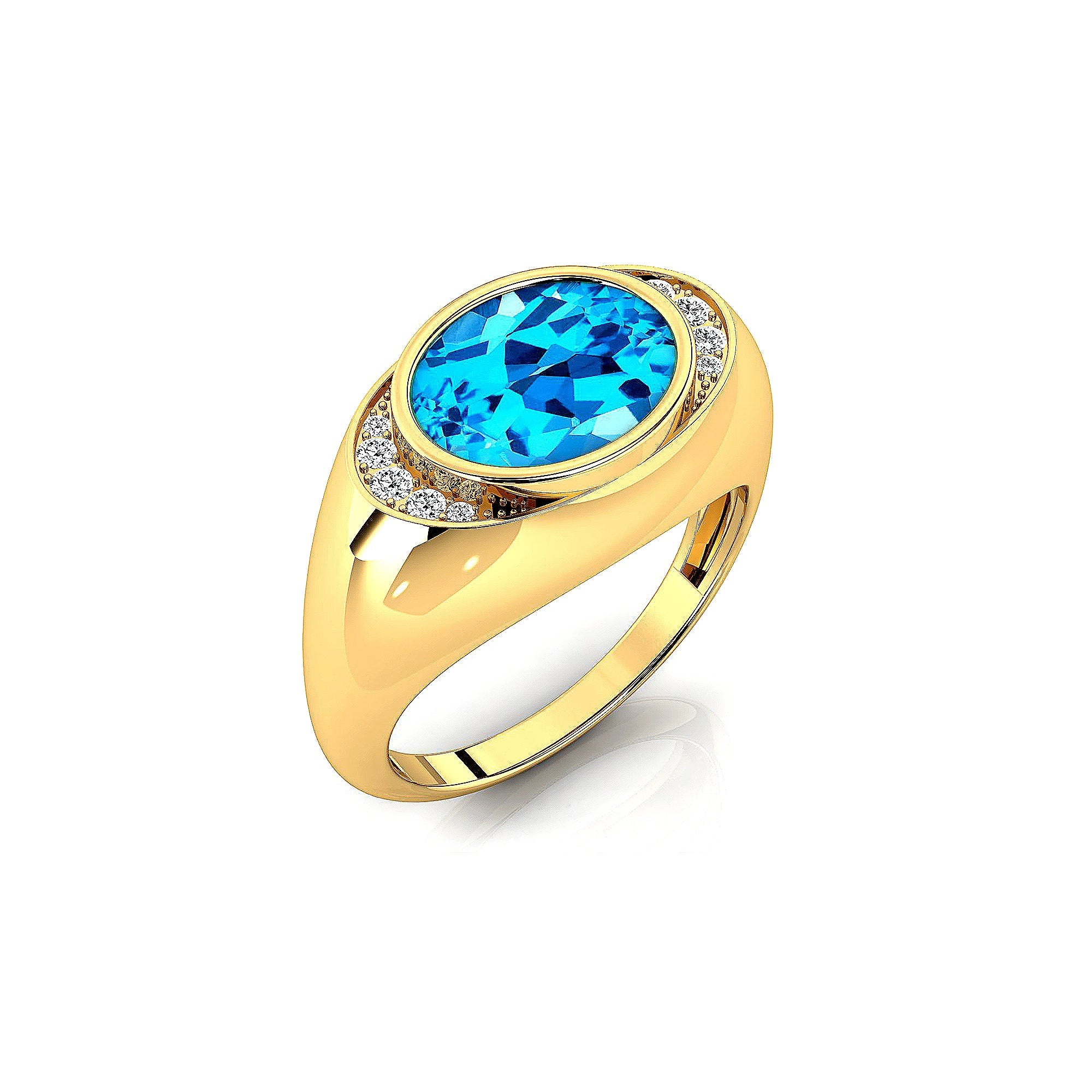 Classic Dome Shaped Diamond Oval Cut Swiss Blue Topaz Ring - GeumJewels