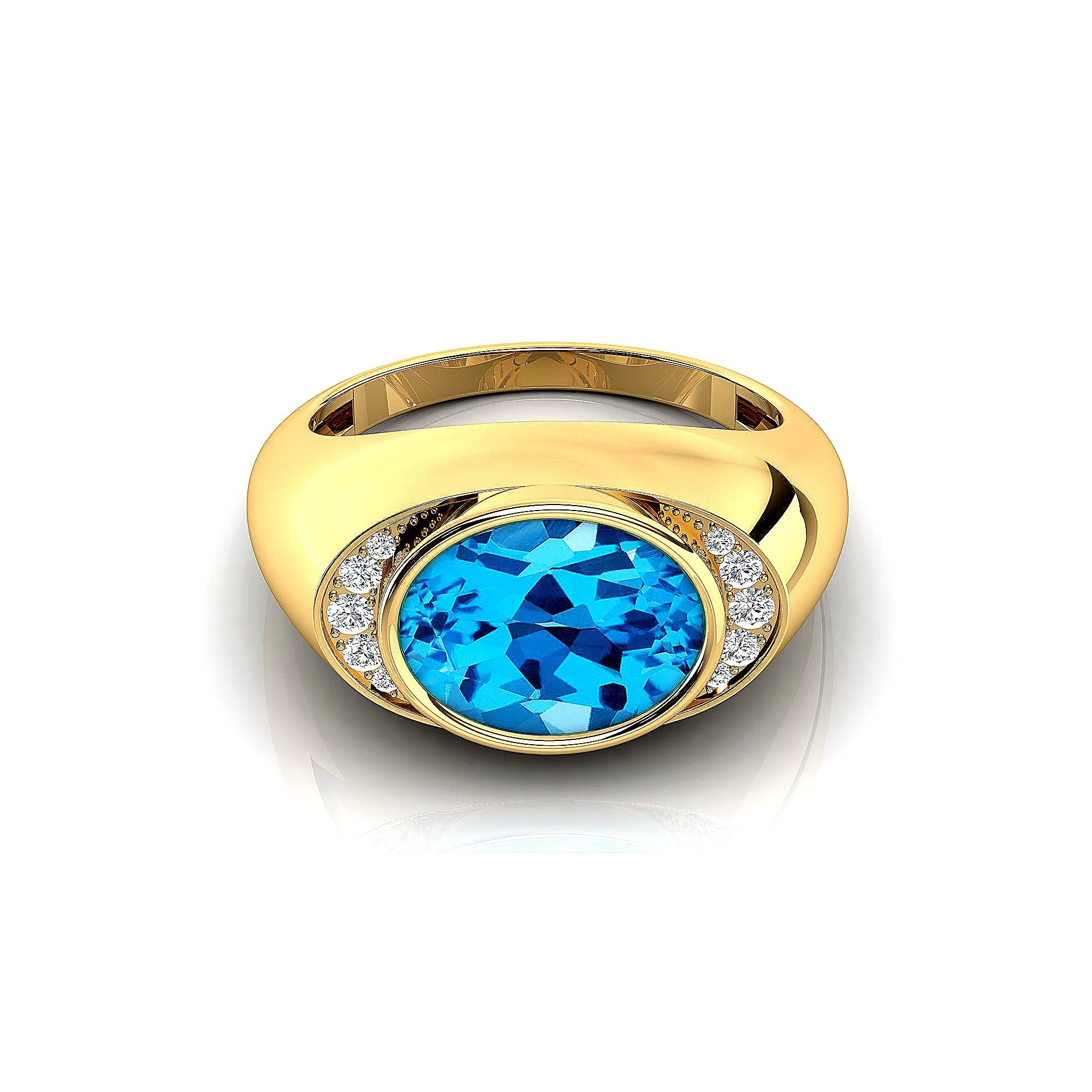 Classic Dome Shaped Diamond Oval Cut Swiss Blue Topaz Ring - GeumJewels