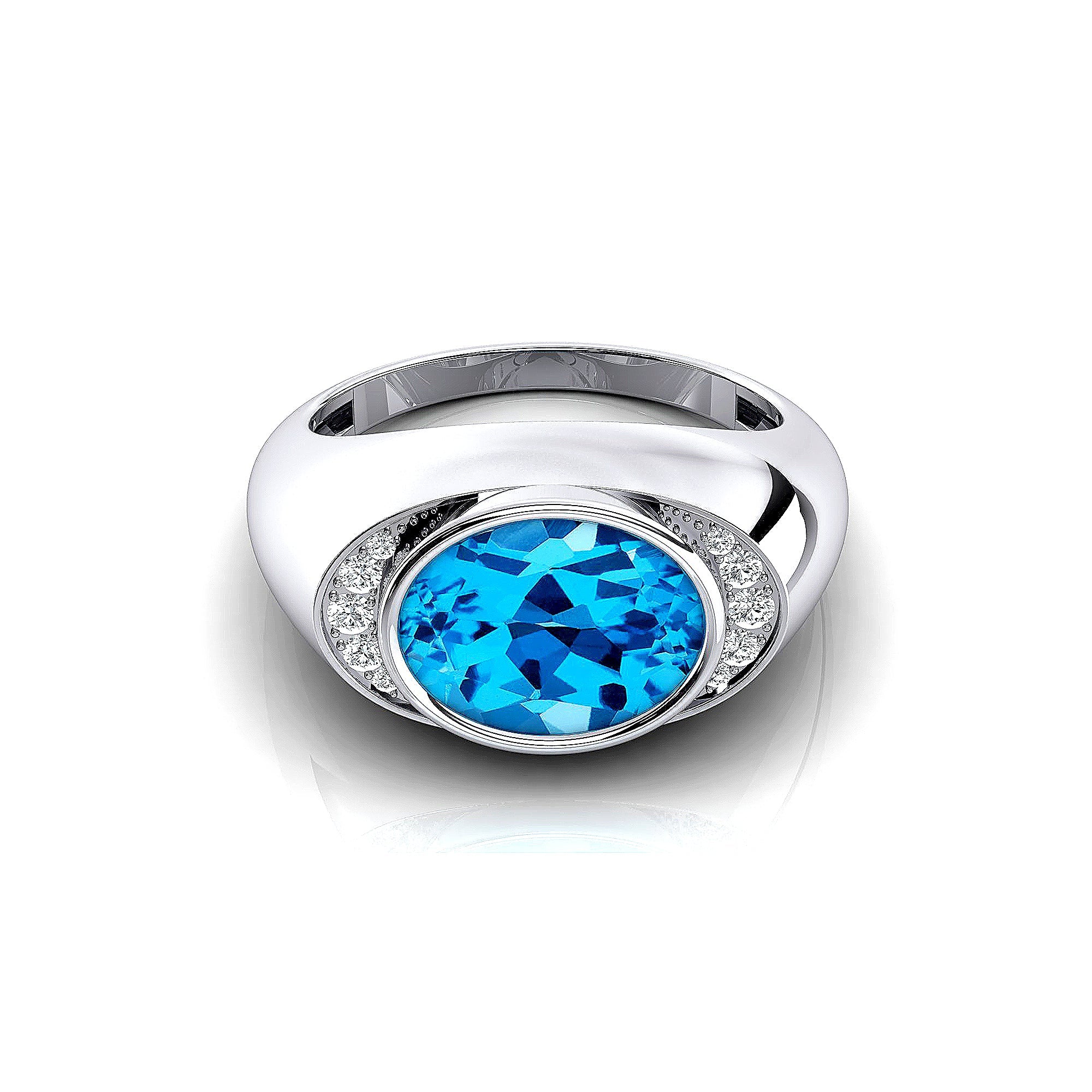 Classic Dome Shaped Diamond Oval Cut Swiss Blue Topaz Ring - GeumJewels