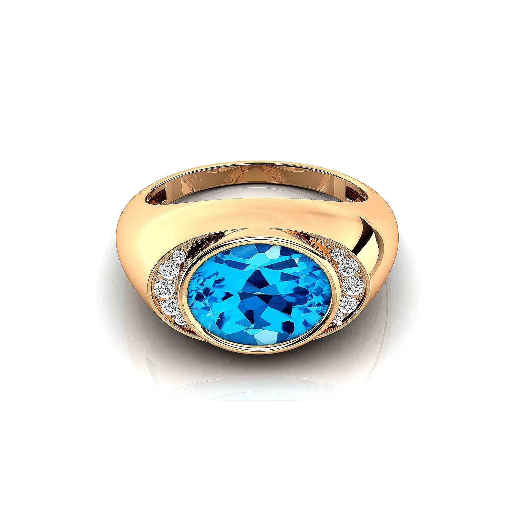 Classic Dome Shaped Diamond Oval Cut Swiss Blue Topaz Ring - GeumJewels