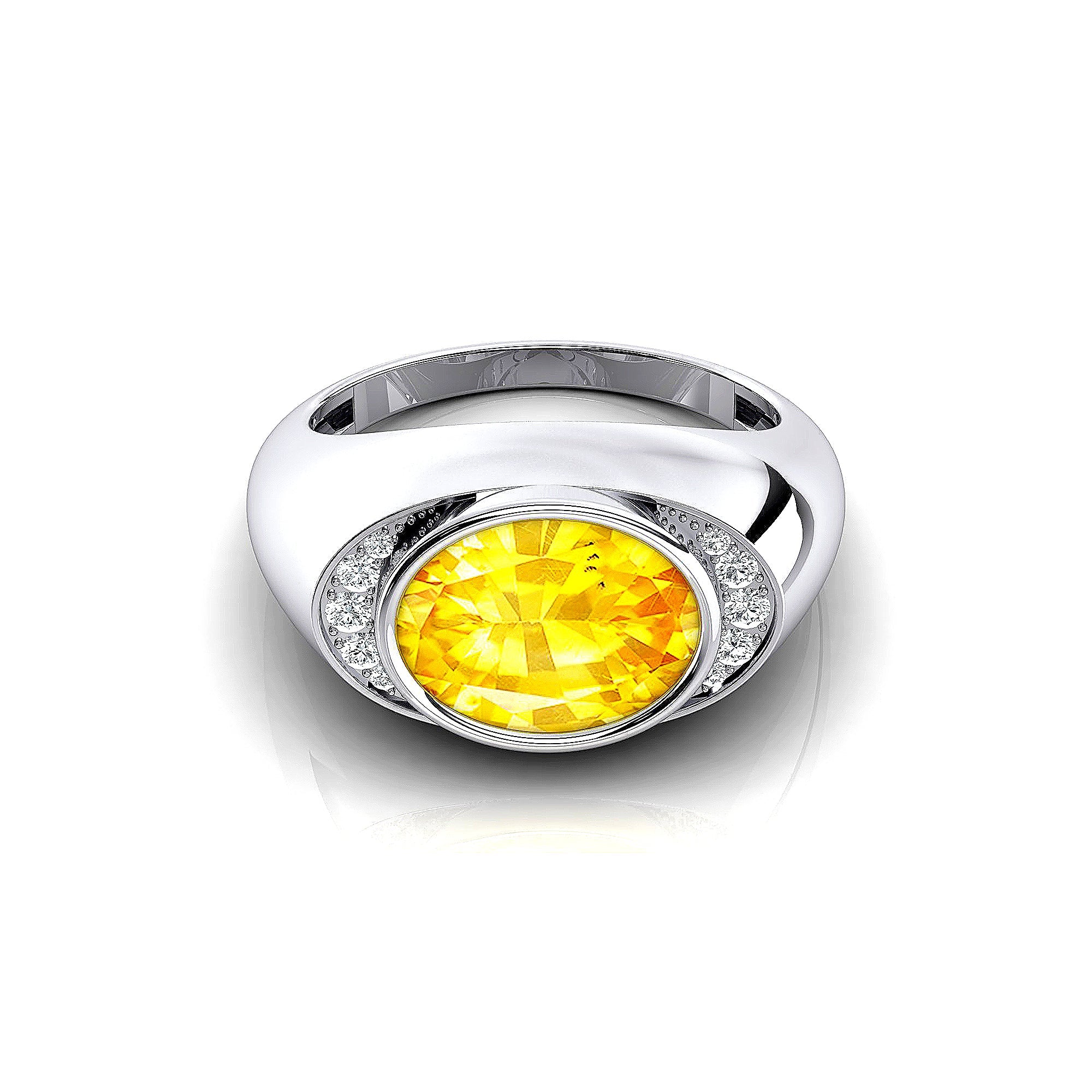 Classic Dome Shaped Diamond Oval Cut Yellow Sapphire Ring - GeumJewels