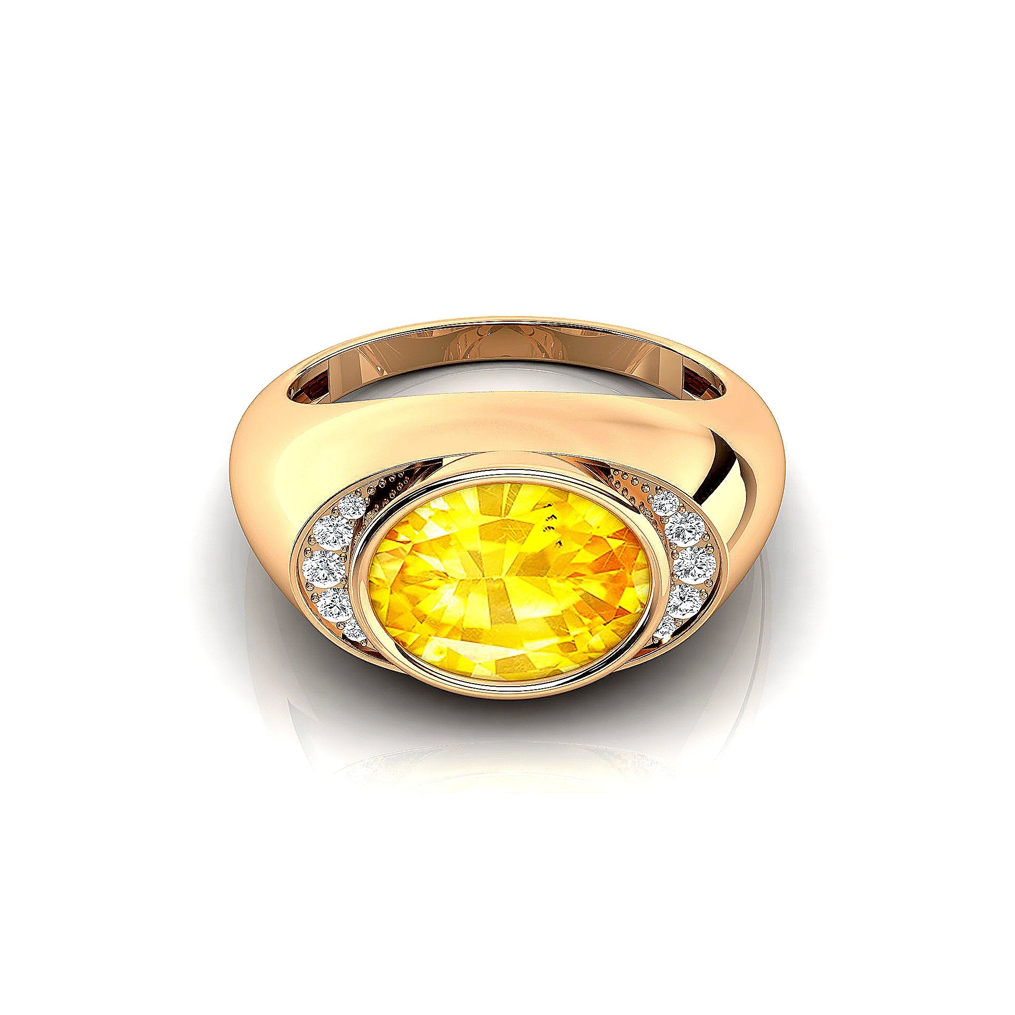 Classic Dome Shaped Diamond Oval Cut Yellow Sapphire Ring - GeumJewels