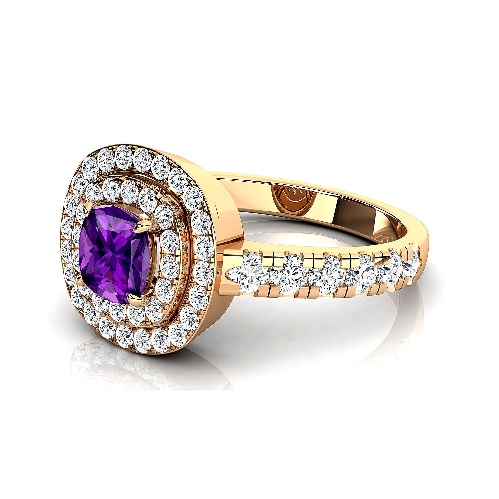 Double Halo Diamond Cushion Cut Amethyst Ring - GeumJewels