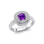 Double Halo Diamond Cushion Cut Amethyst Ring - GeumJewels