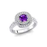Double Halo Diamond Cushion Cut Amethyst Ring - GeumJewels