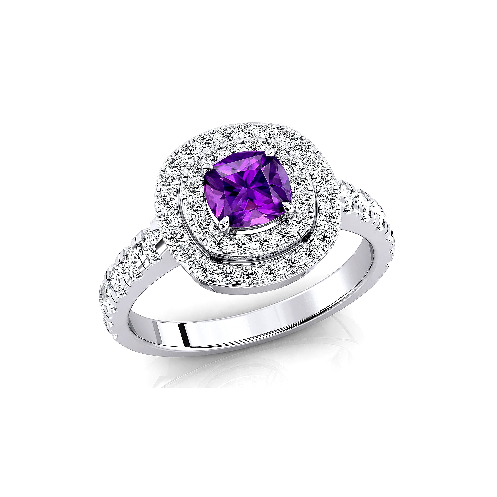 Double Halo Diamond Cushion Cut Amethyst Ring - GeumJewels