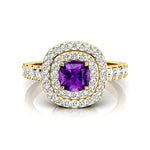 Double Halo Diamond Cushion Cut Amethyst Ring - GeumJewels