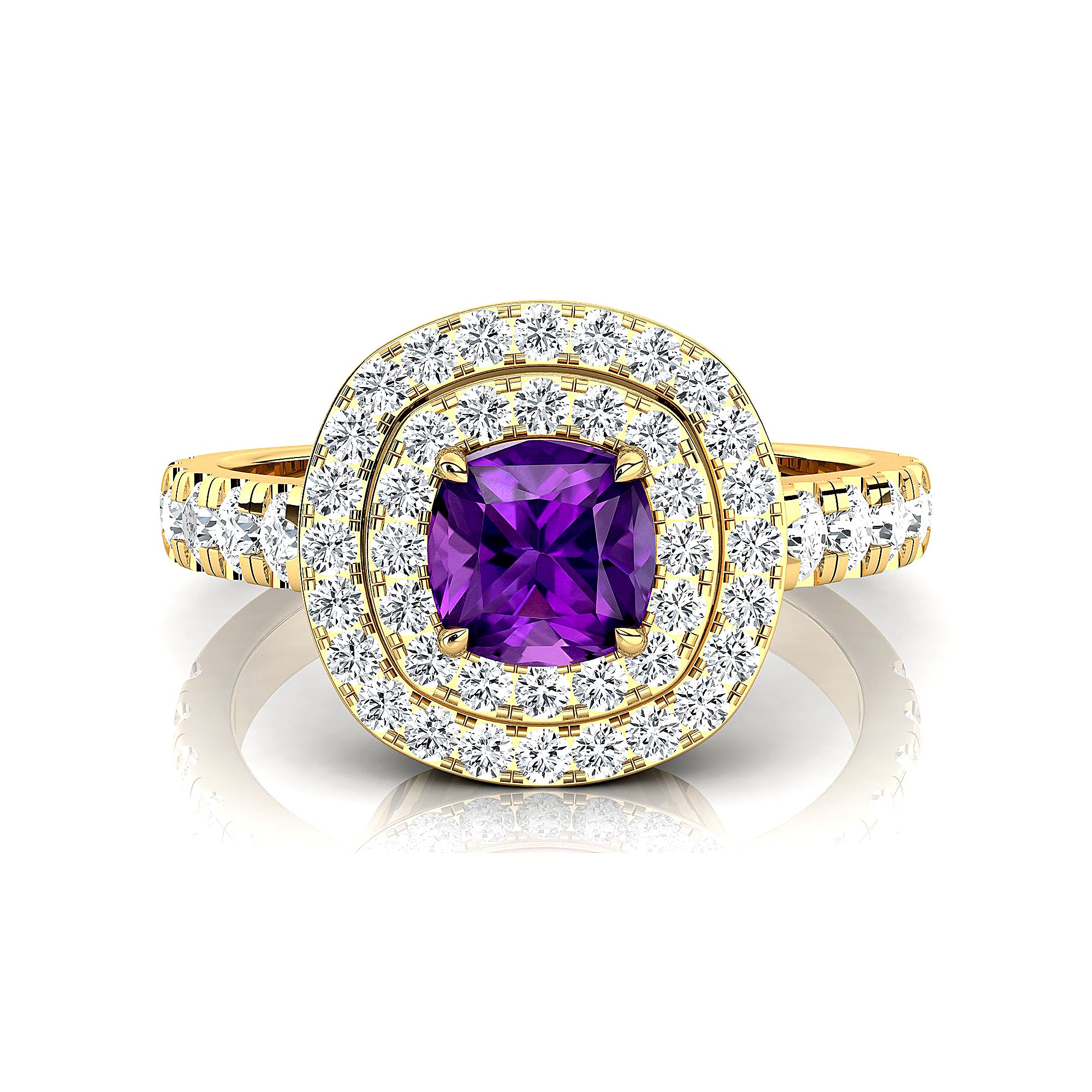 Double Halo Diamond Cushion Cut Amethyst Ring - GeumJewels
