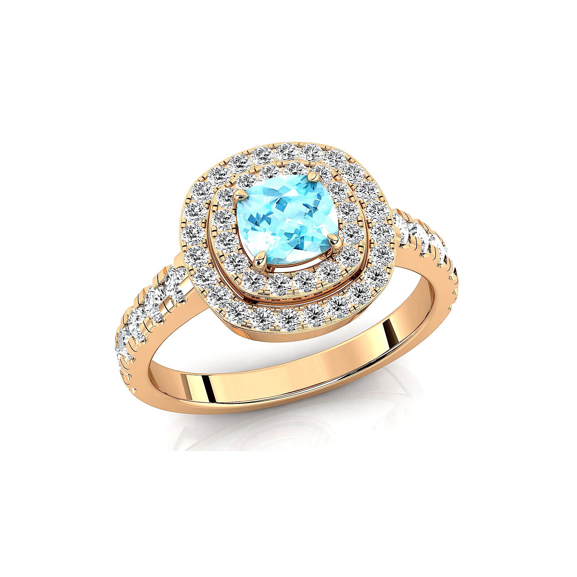 Double Halo Diamond Cushion Cut Aquamarine Ring - GeumJewels