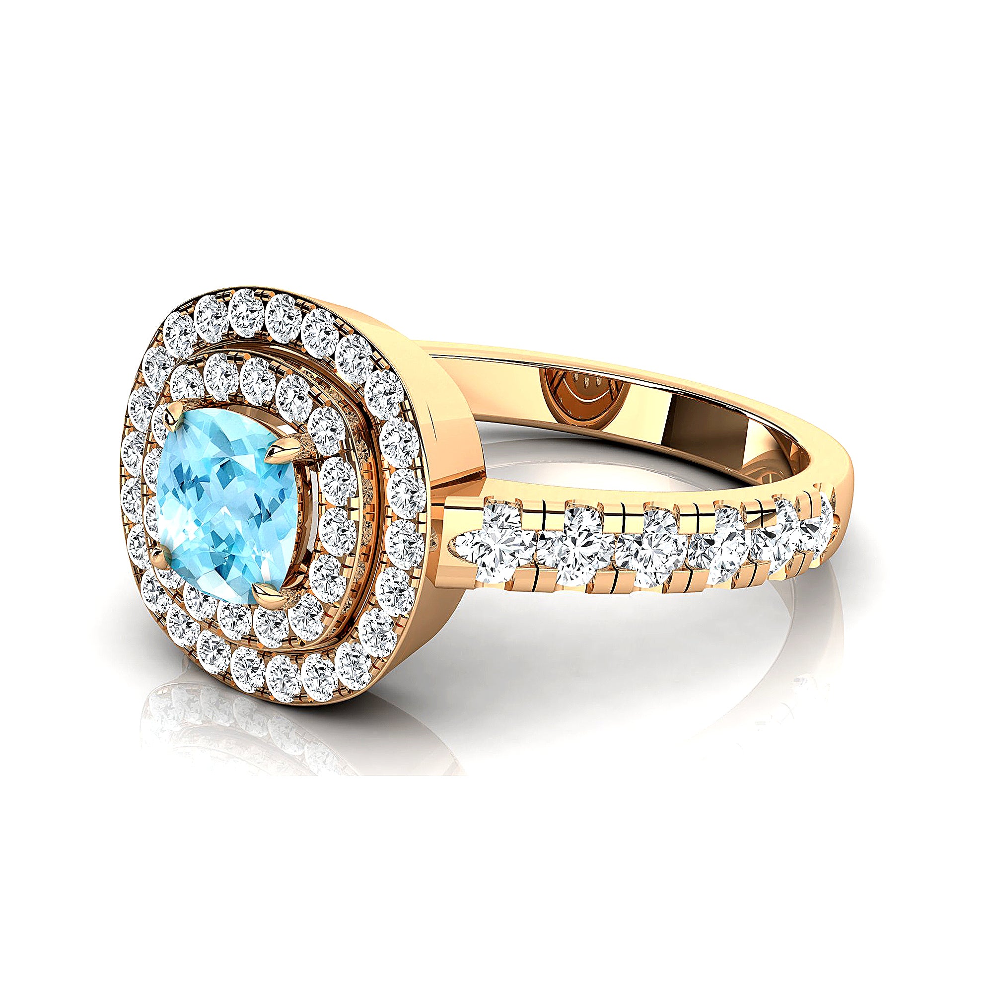 Double Halo Diamond Cushion Cut Aquamarine Ring - GeumJewels