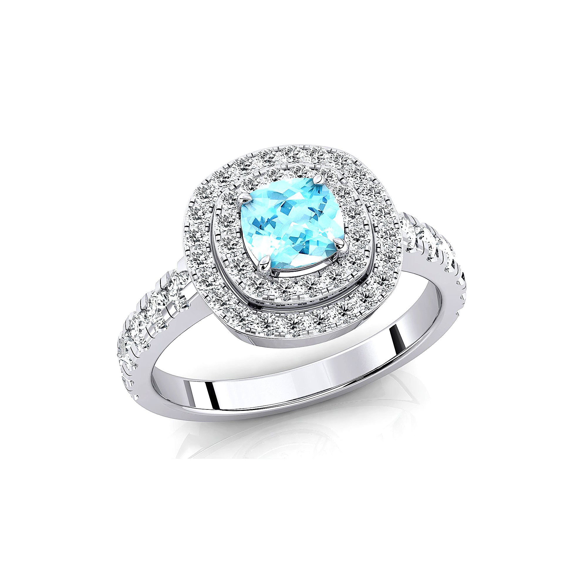Double Halo Diamond Cushion Cut Aquamarine Ring - GeumJewels