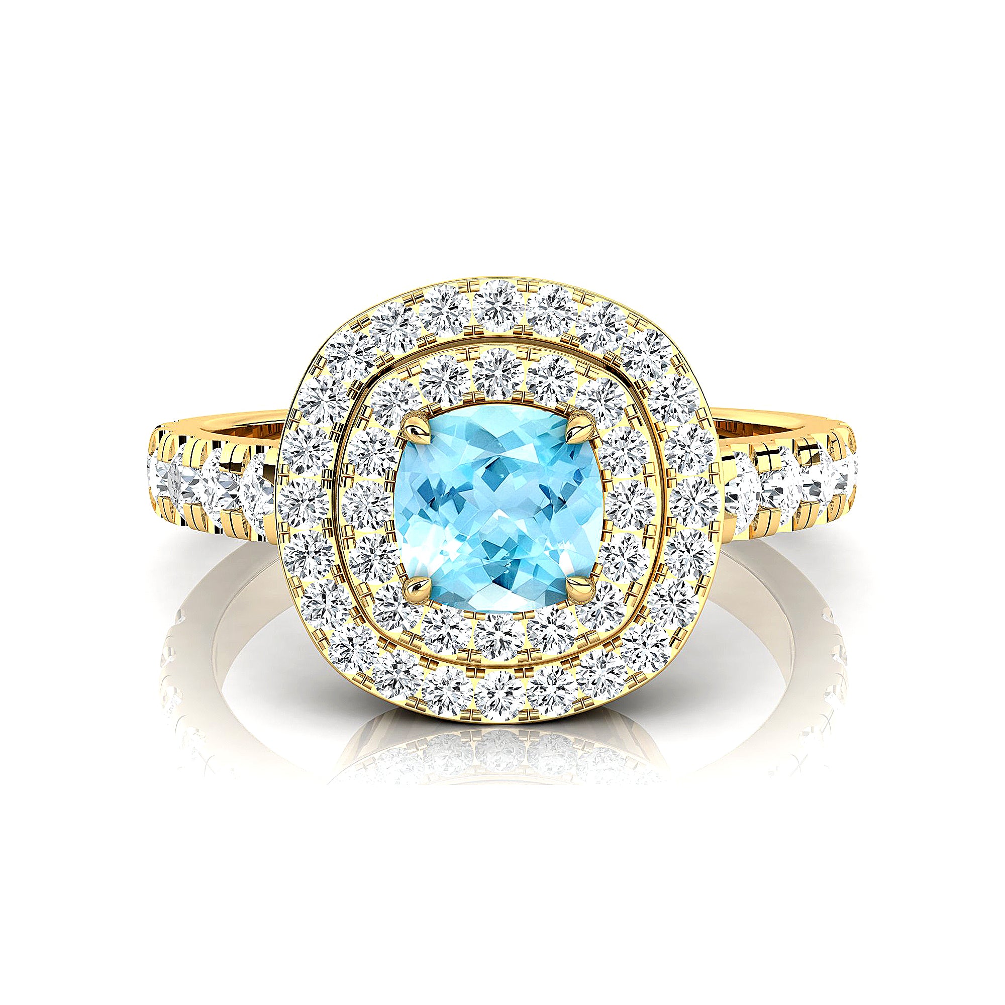 Double Halo Diamond Cushion Cut Aquamarine Ring - GeumJewels