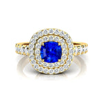 Double Halo Diamond Cushion Cut Blue Sapphire Ring - GeumJewels