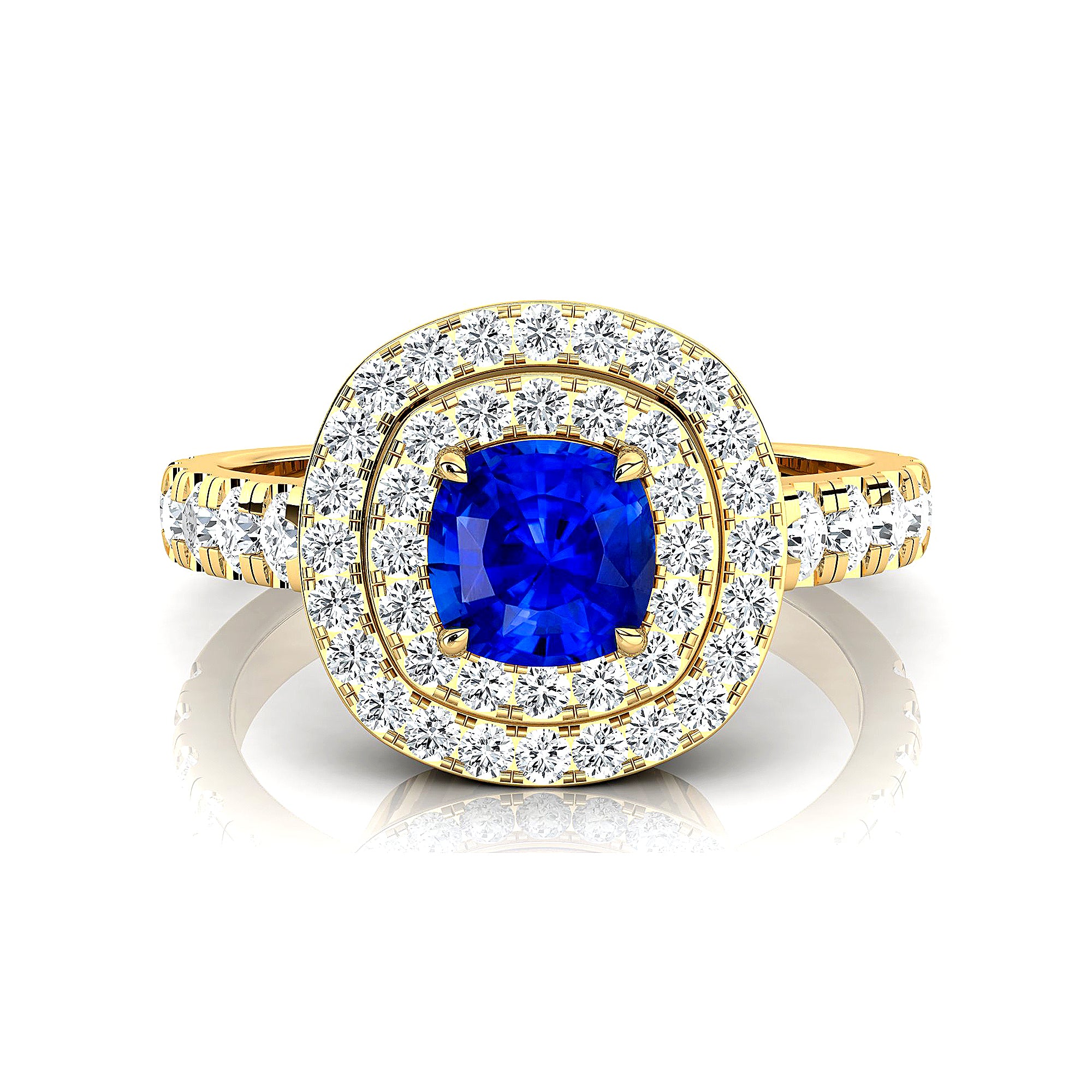 Double Halo Diamond Cushion Cut Blue Sapphire Ring - GeumJewels