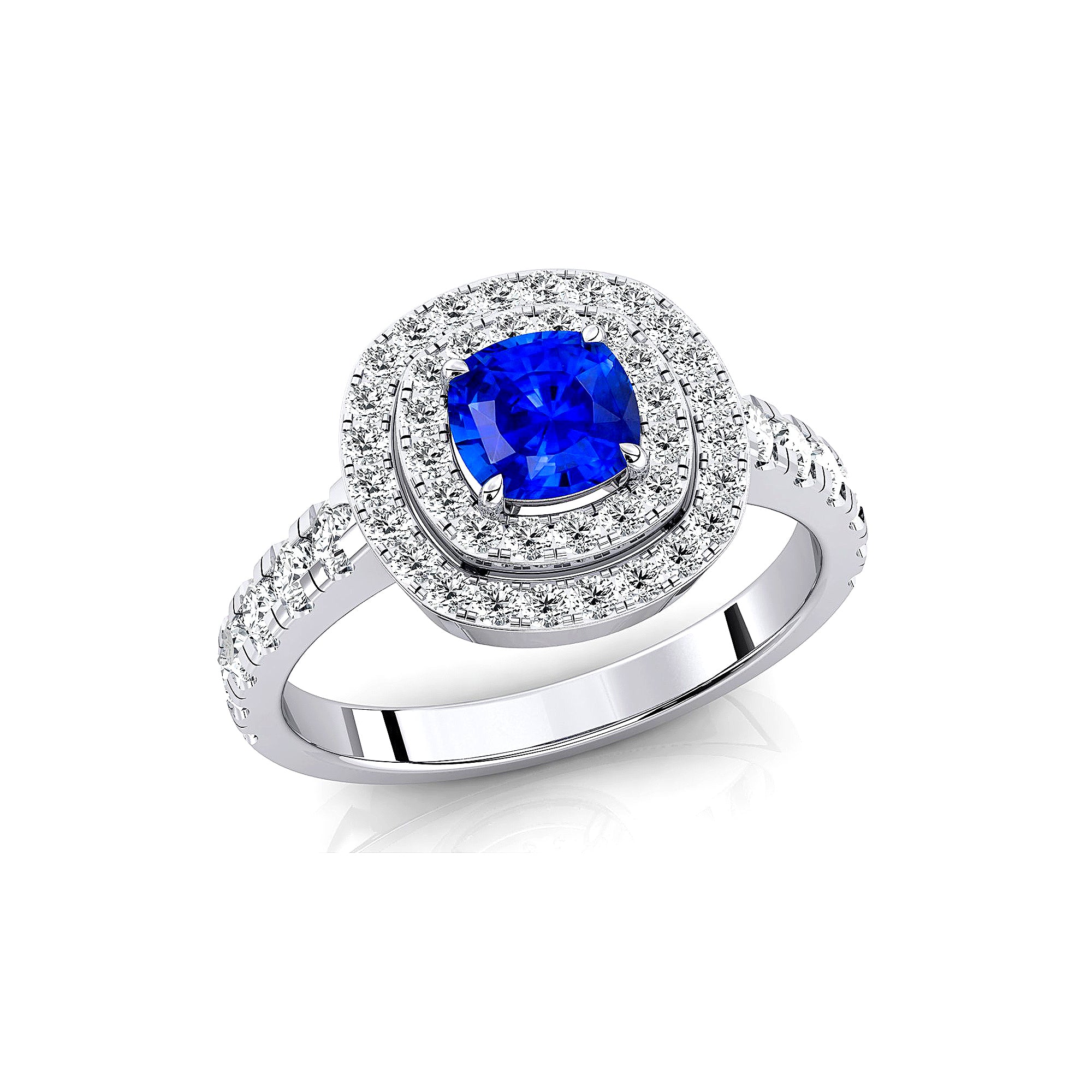 Double Halo Diamond Cushion Cut Blue Sapphire Ring - GeumJewels
