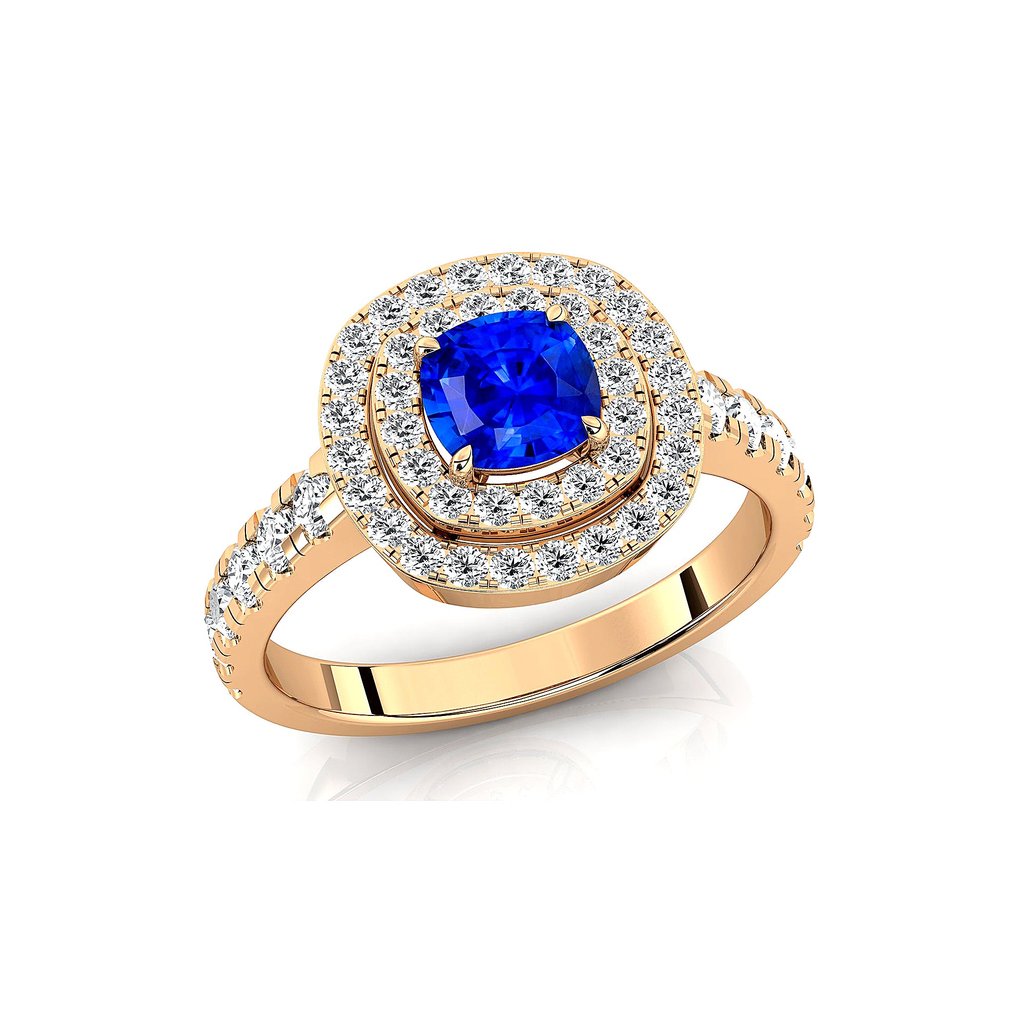 Double Halo Diamond Cushion Cut Blue Sapphire Ring - GeumJewels