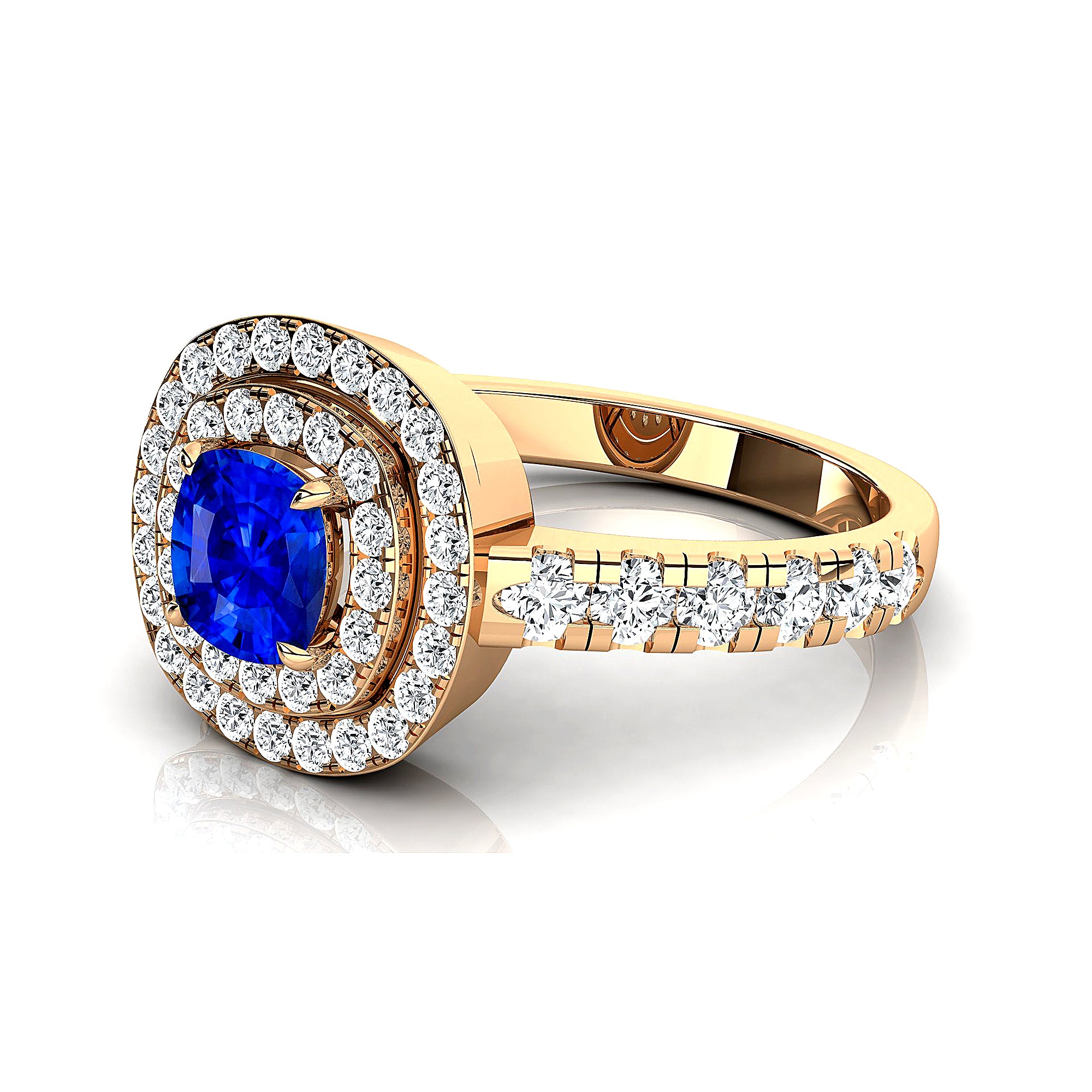 Double Halo Diamond Cushion Cut Blue Sapphire Ring - GeumJewels