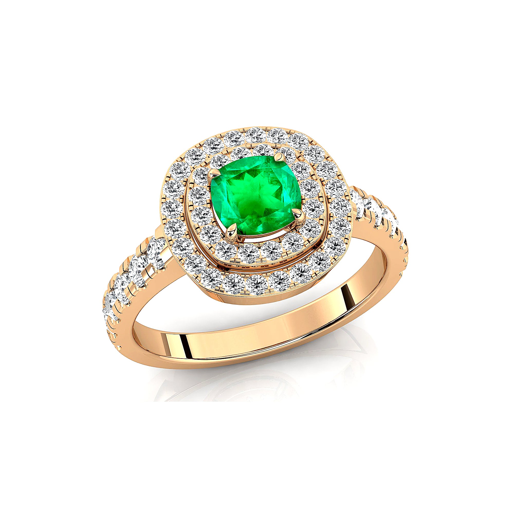 Double Halo Diamond Cushion Cut Emerald Ring - GeumJewels