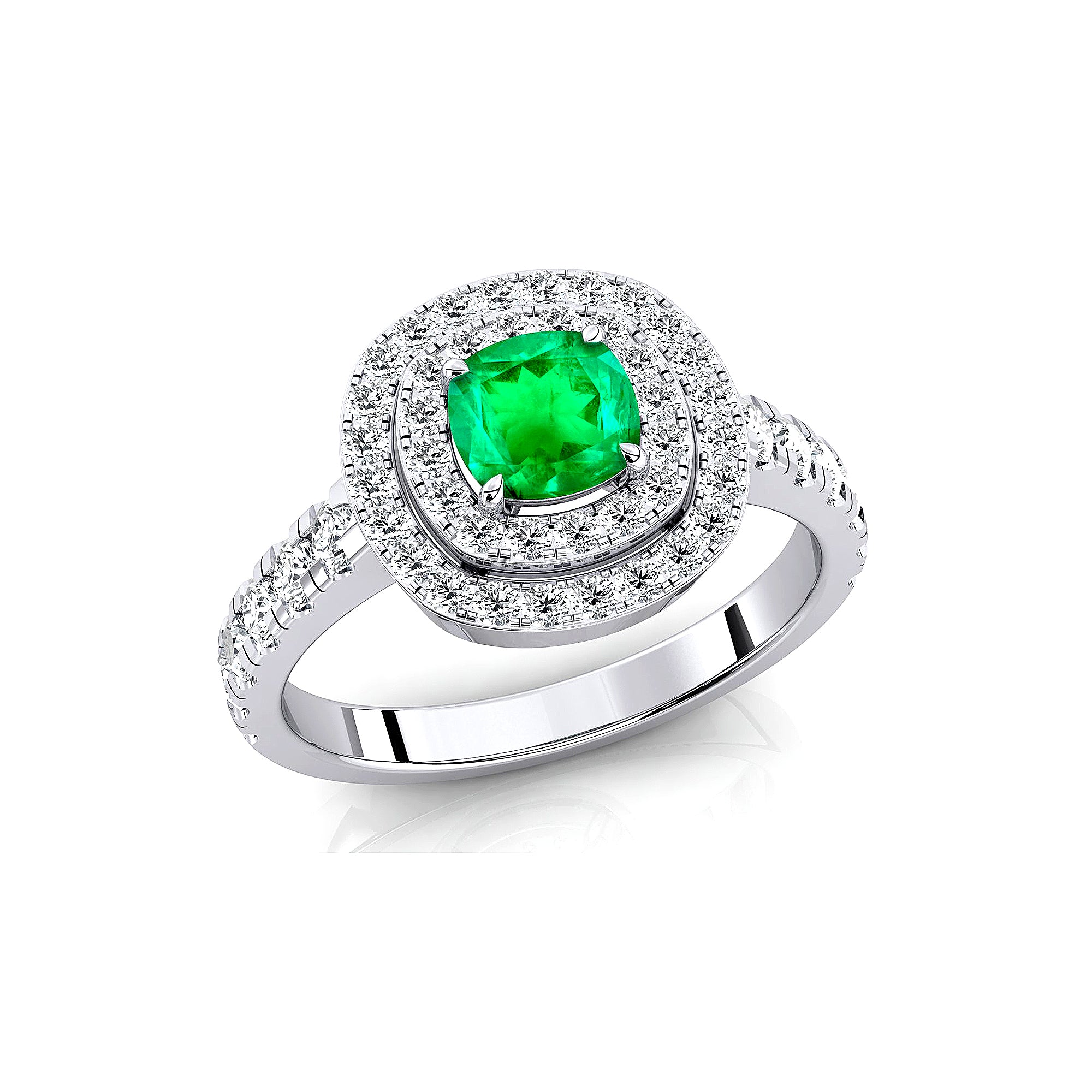 Double Halo Diamond Cushion Cut Emerald Ring - GeumJewels