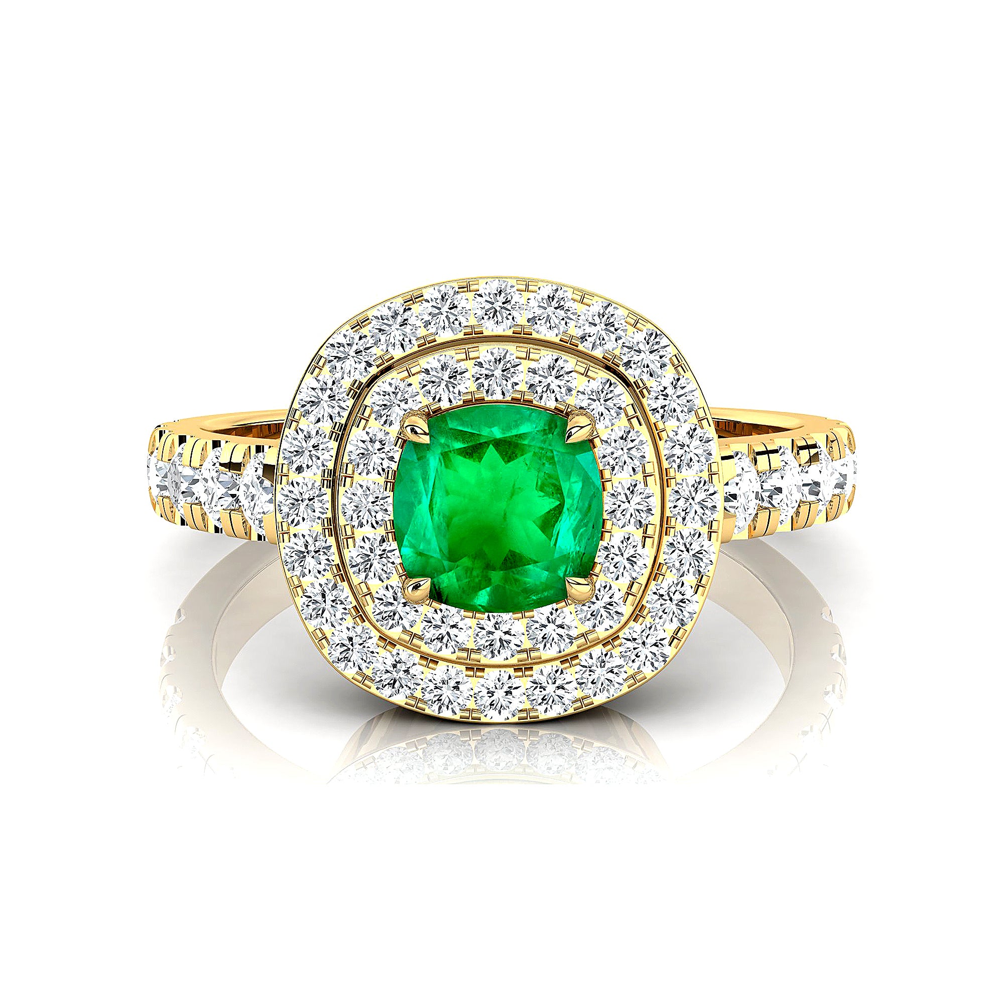 Double Halo Diamond Cushion Cut Emerald Ring - GeumJewels