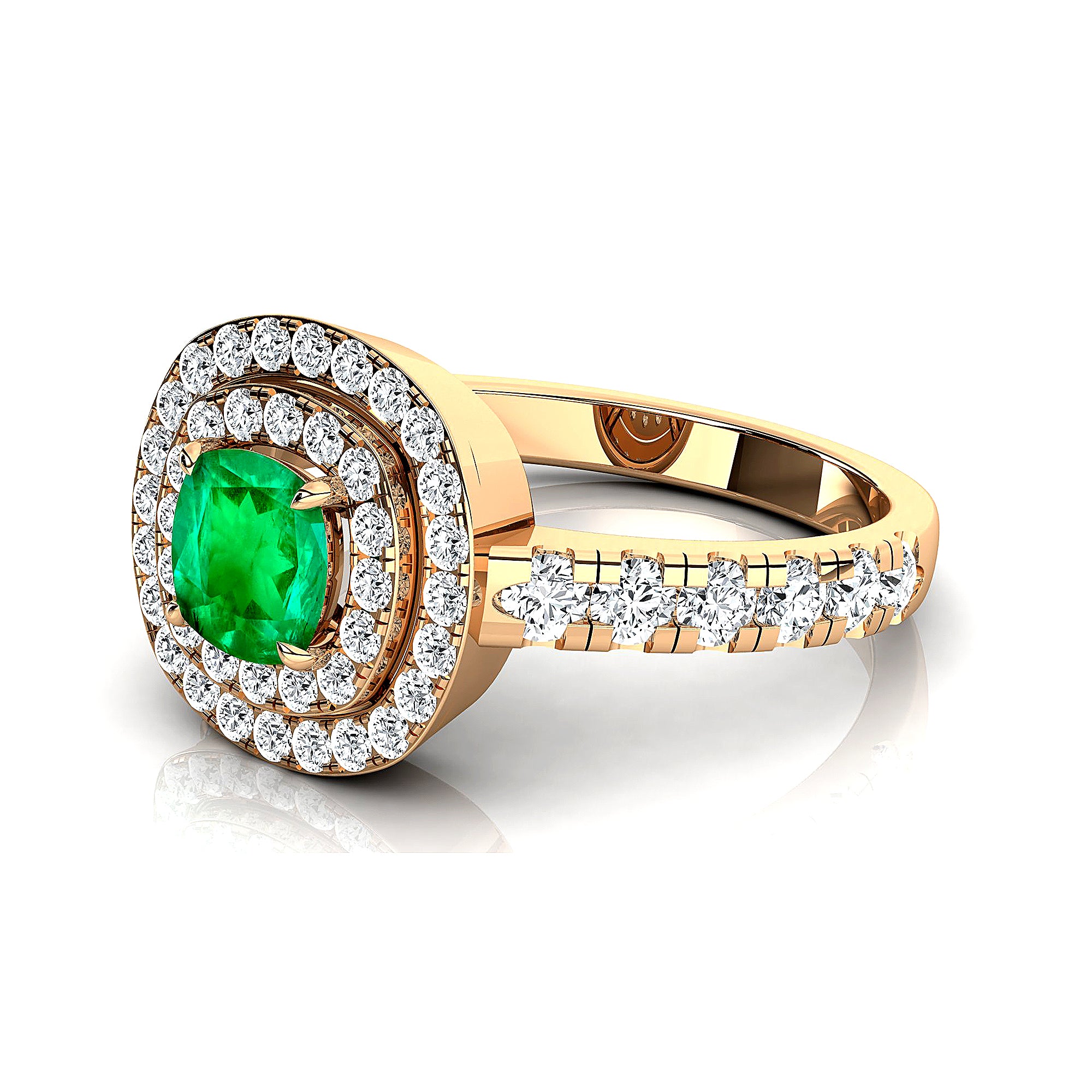 Double Halo Diamond Cushion Cut Emerald Ring - GeumJewels