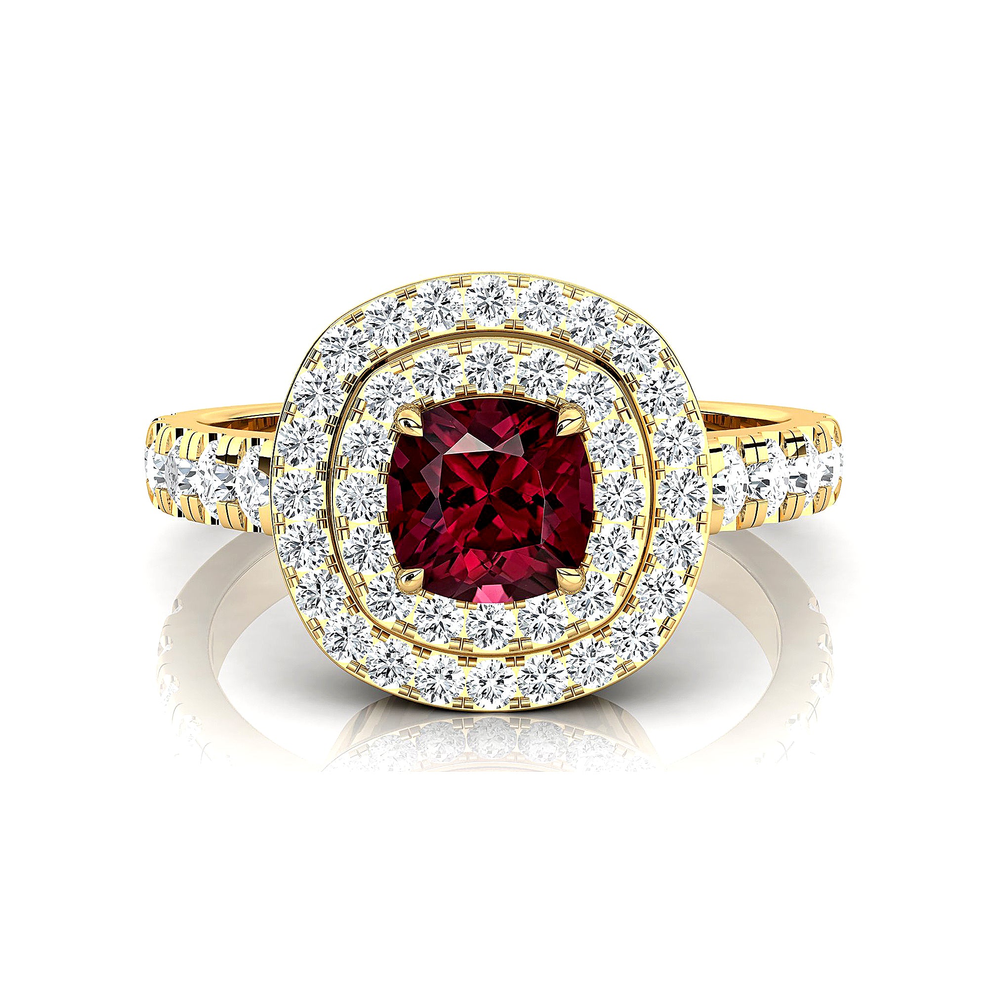 Double Halo Diamond Cushion Cut Garnet Ring - GeumJewels