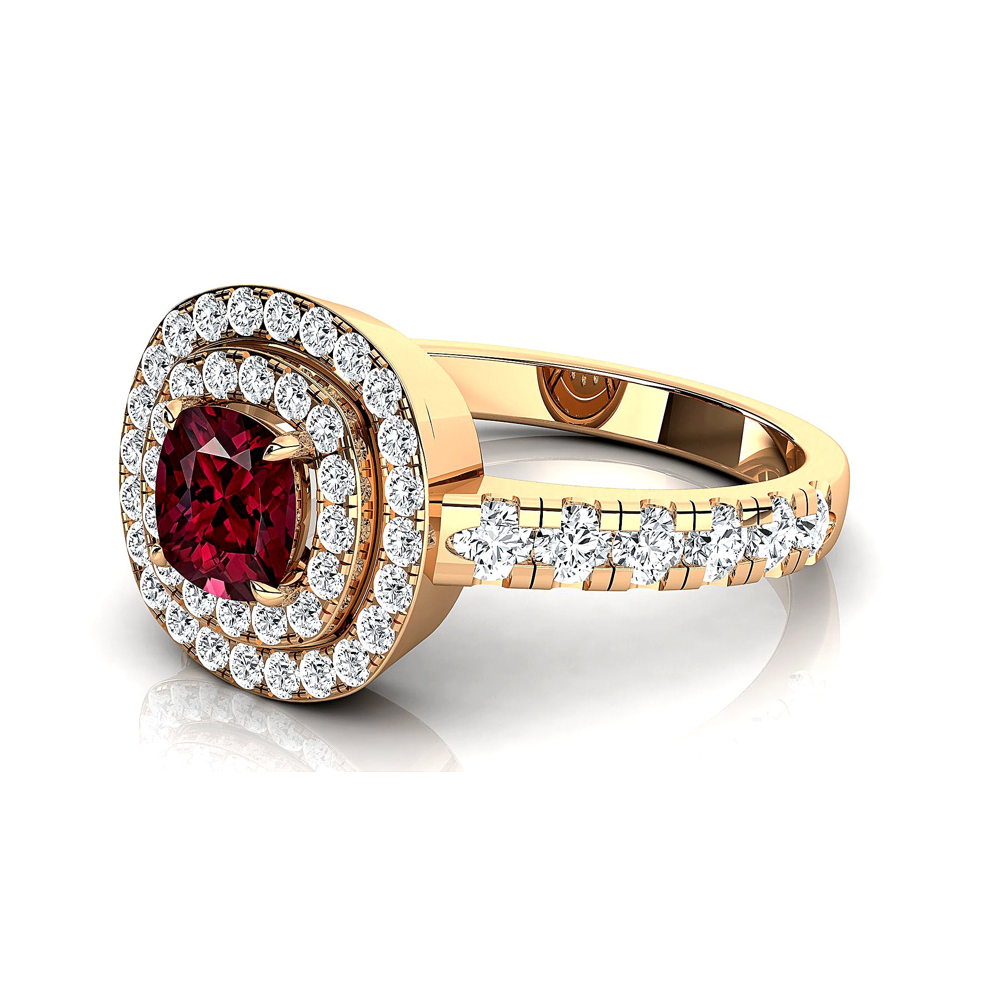 Double Halo Diamond Cushion Cut Garnet Ring - GeumJewels